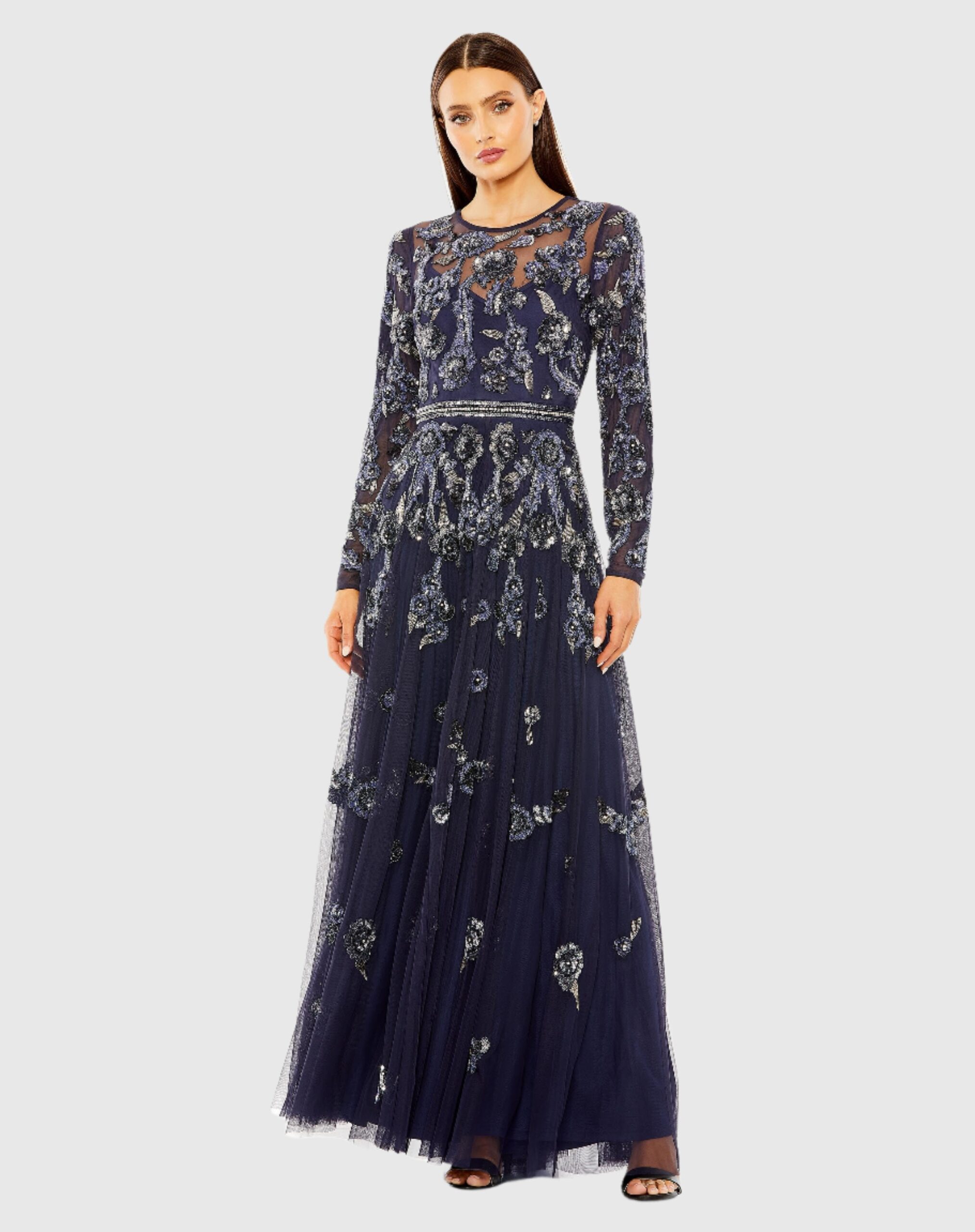 Long Sleeve High Neck Floral Beaded A-line Mesh Gown - Borderfree