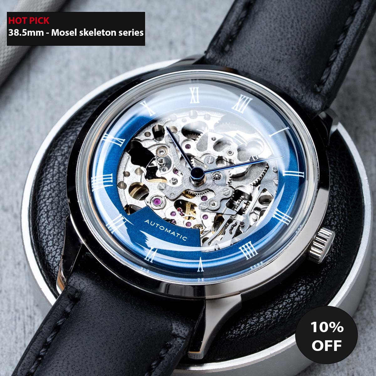 DIY Watchmaking Kit 38.5mm Mosel series Blue Dial Skeleton vintage dress watch w Miyota 8N24 Classic Black Leather Strap Borderfree