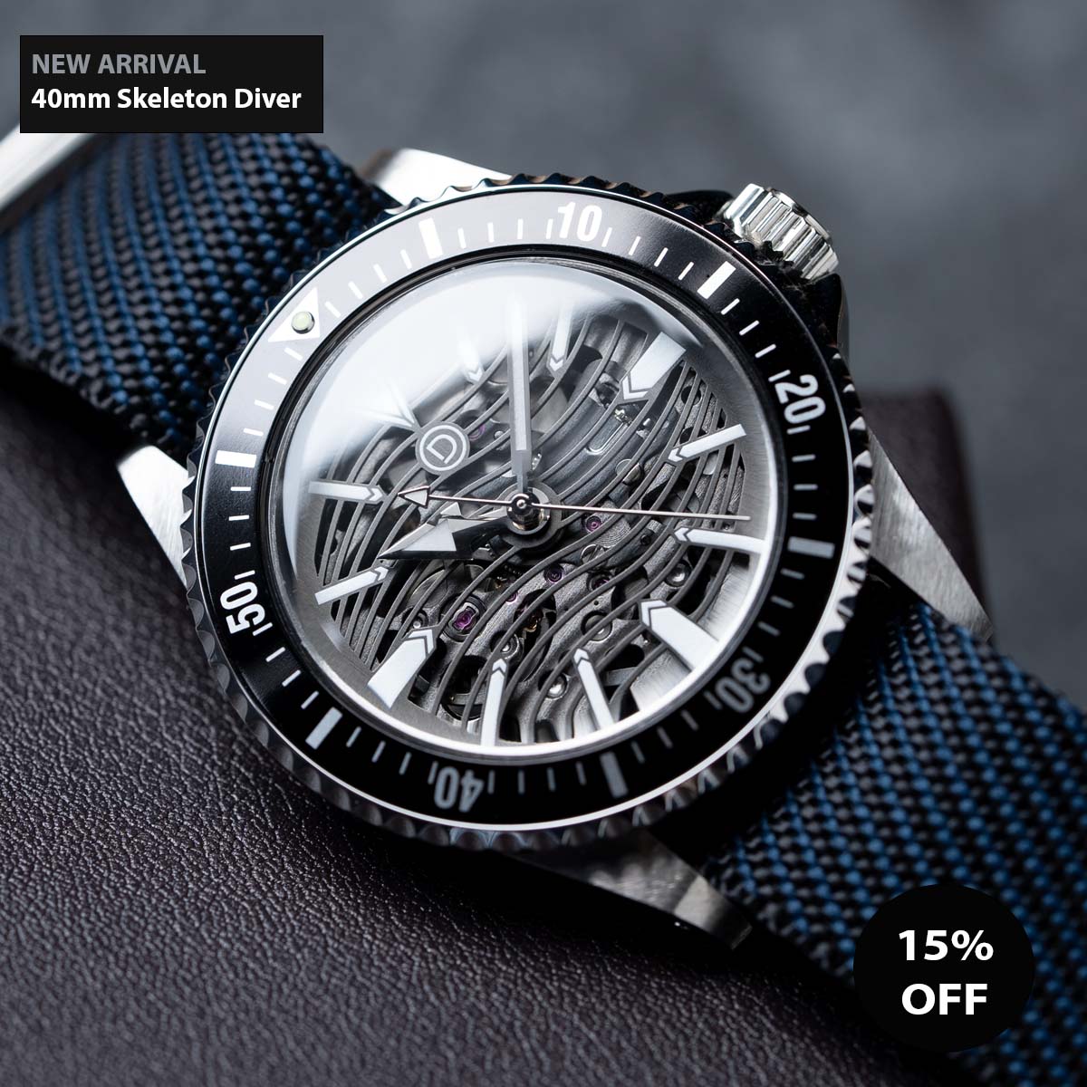 40mm Gun Silver Wave Skeleton Dive Watch Kit with Black Blue Fabric strap Seiko NH72 with tools and video instructions Borderfree