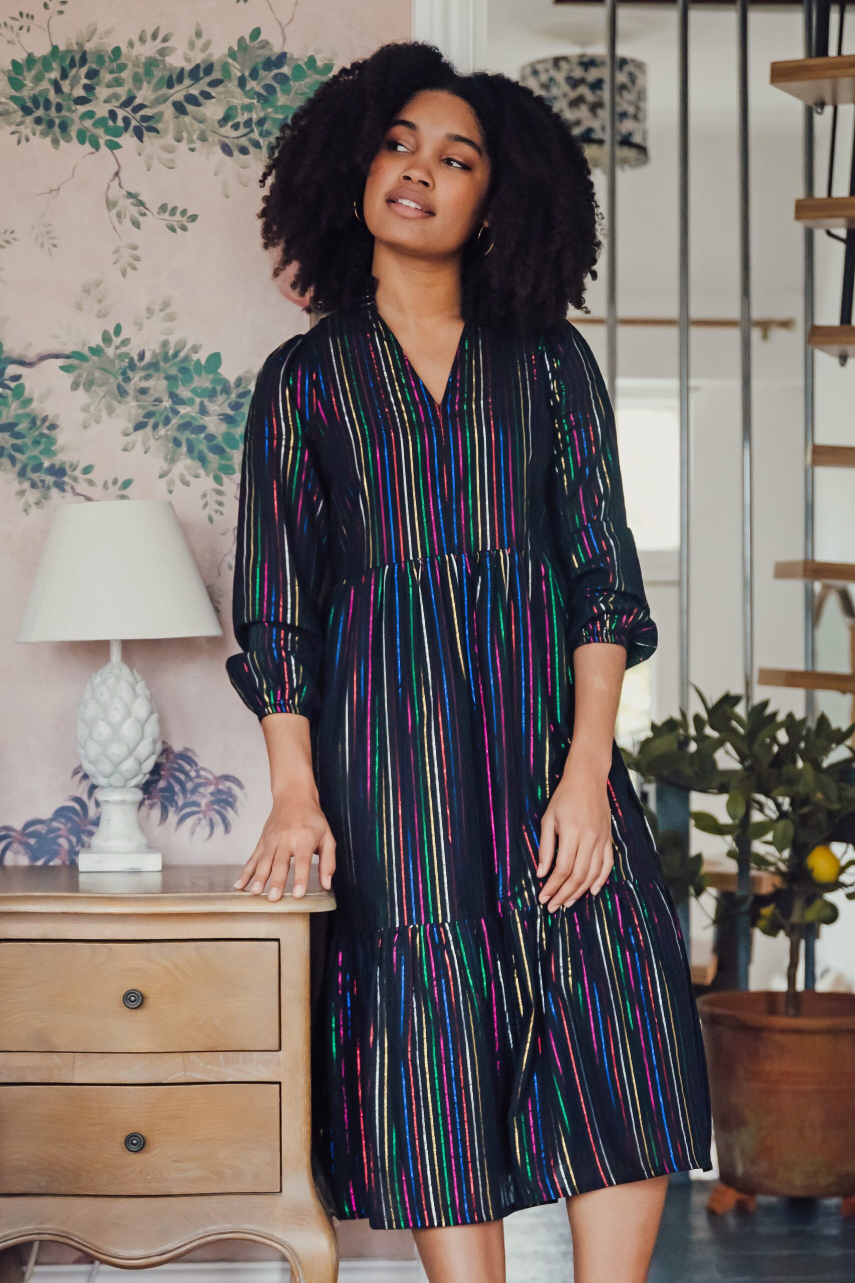 Esmeralda Midi Smock Dress Black Metallic Rainbow Stripe Borderfree