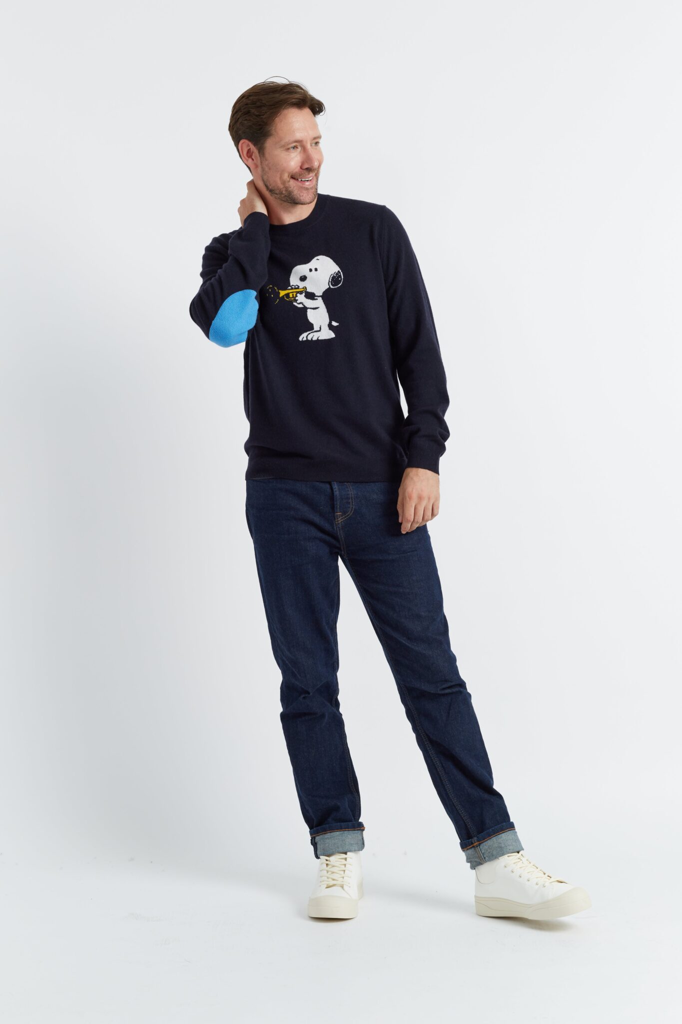 Navy WoolCashmere Men's Elbow Patch Snoopy Sweater Borderfree