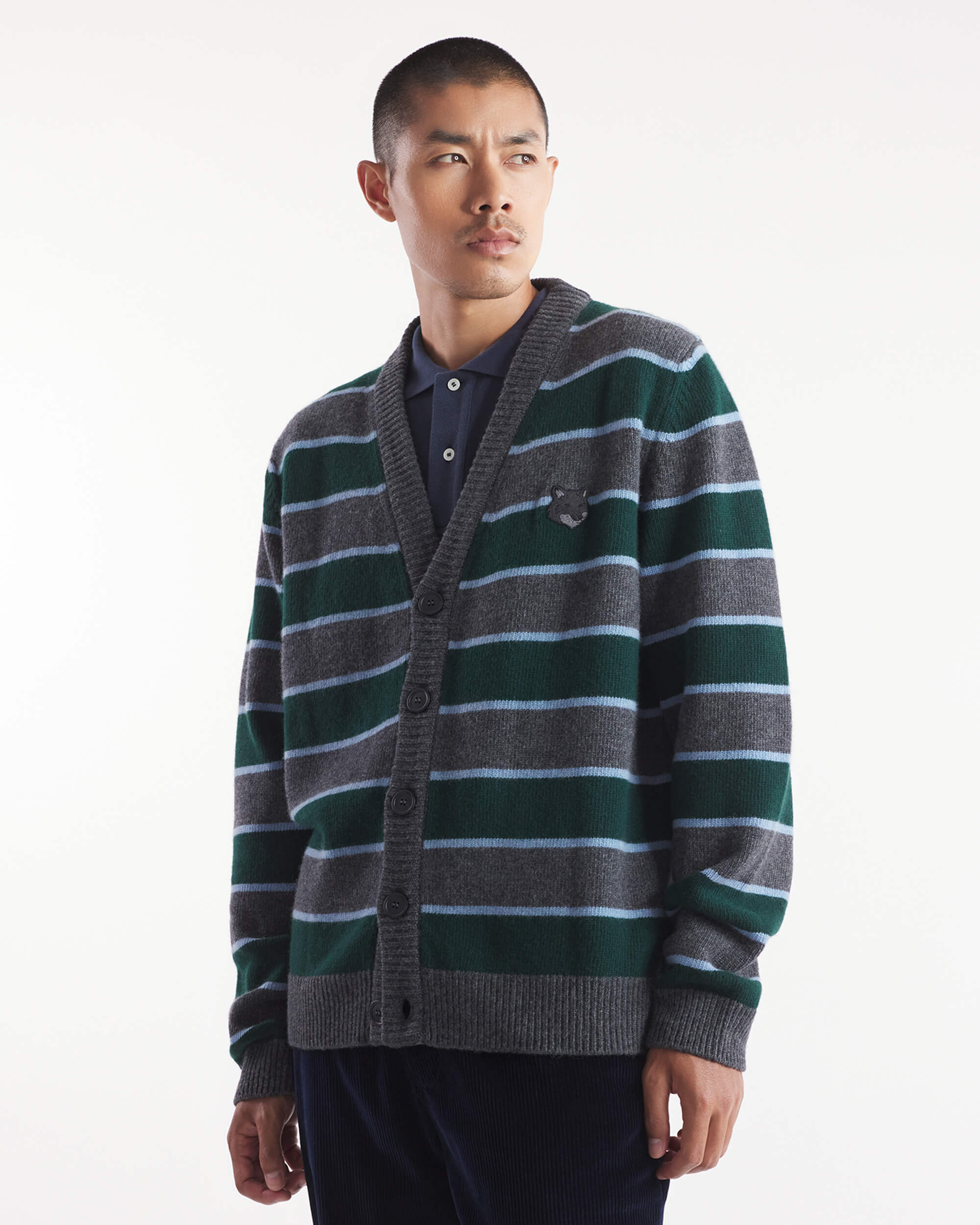 BOLD FOX HEAD PATCH STRIPED CARDIGAN