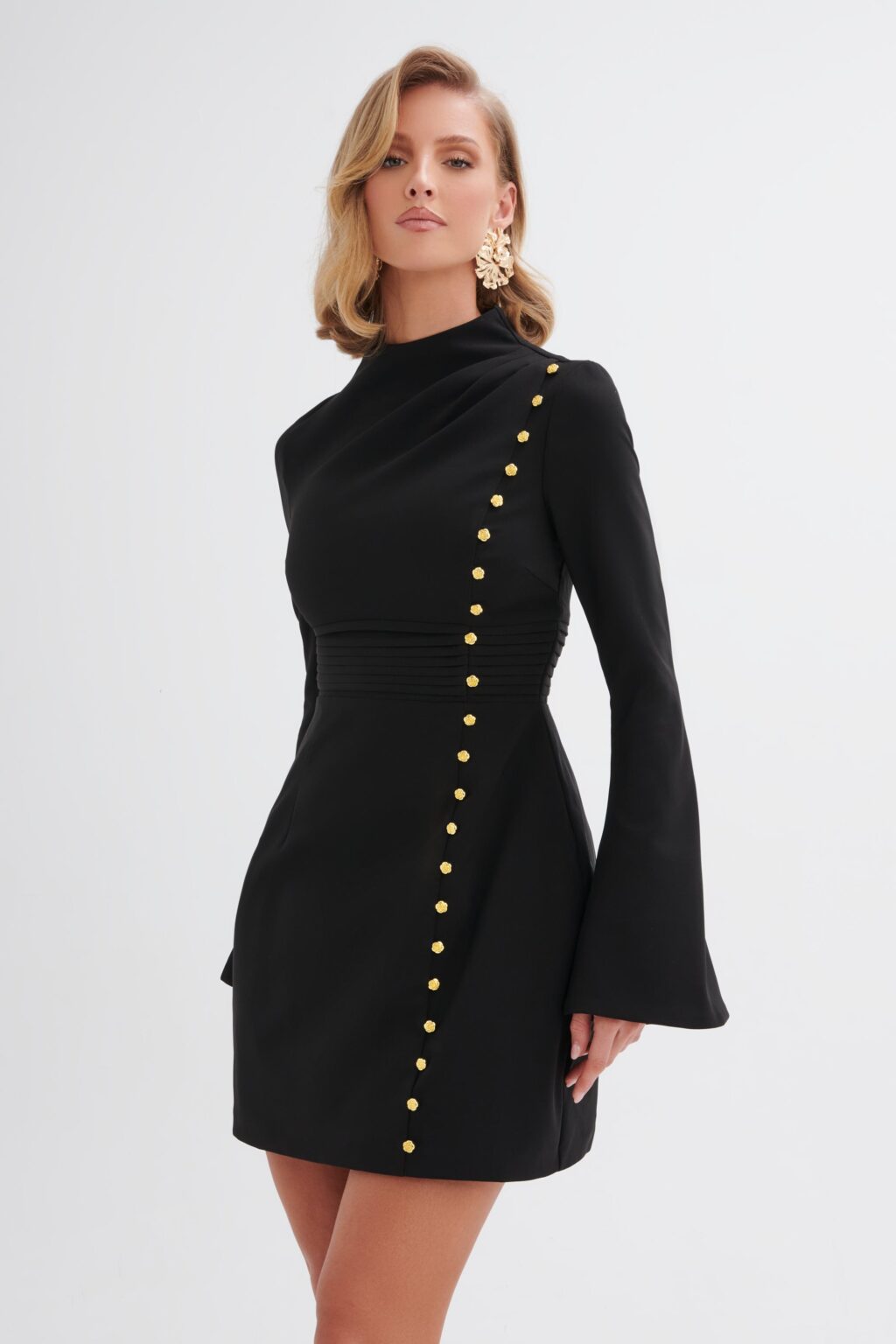 GEMMA High Neck Rose Button Long Sleeve Mini Dress in Black Borderfree