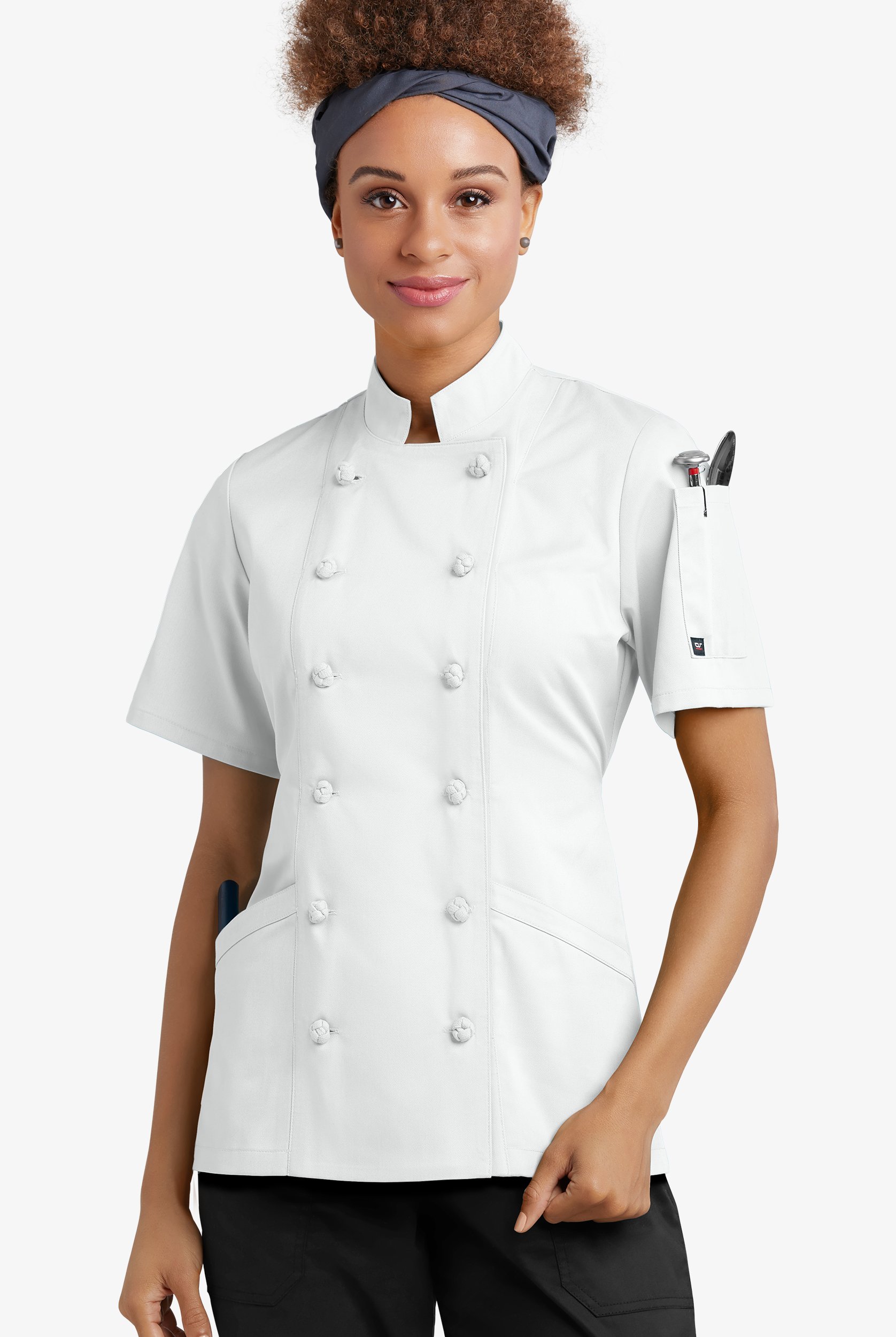 Chef Uniforms Women s 3 Pocket Short Sleeve Knotted Button Executive Chef Coat in White Size XL Polyester Cotton Borderfree