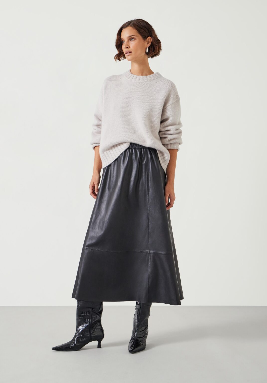 Hush Black Leather Midi Length A line Skirt Loose Elasticated Evening Smart Casual Borderfree