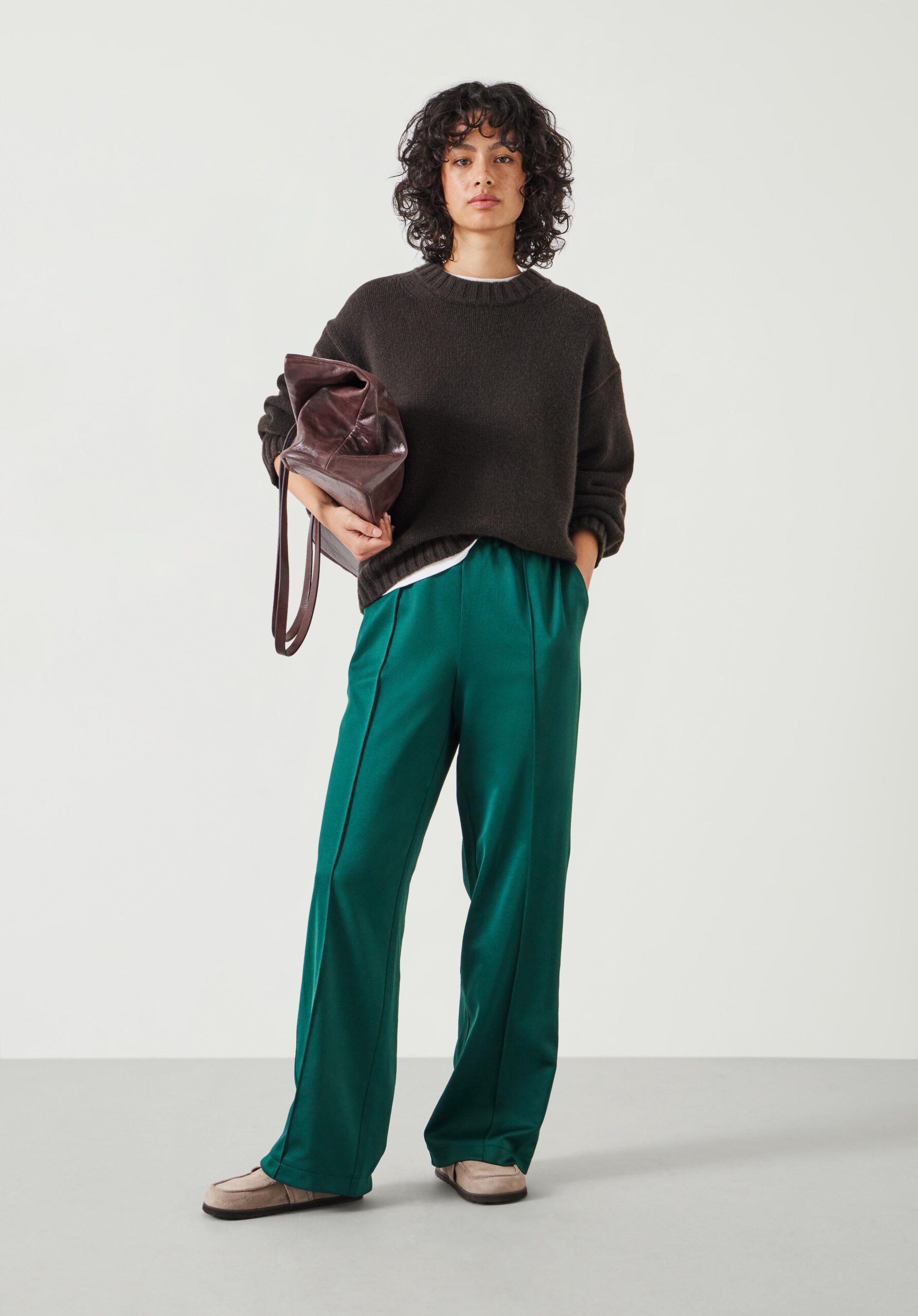 Hush Dark Green Silky Wide Leg Tracksuit Pants Drawstring Waist Casual Smart Casual Work Borderfree