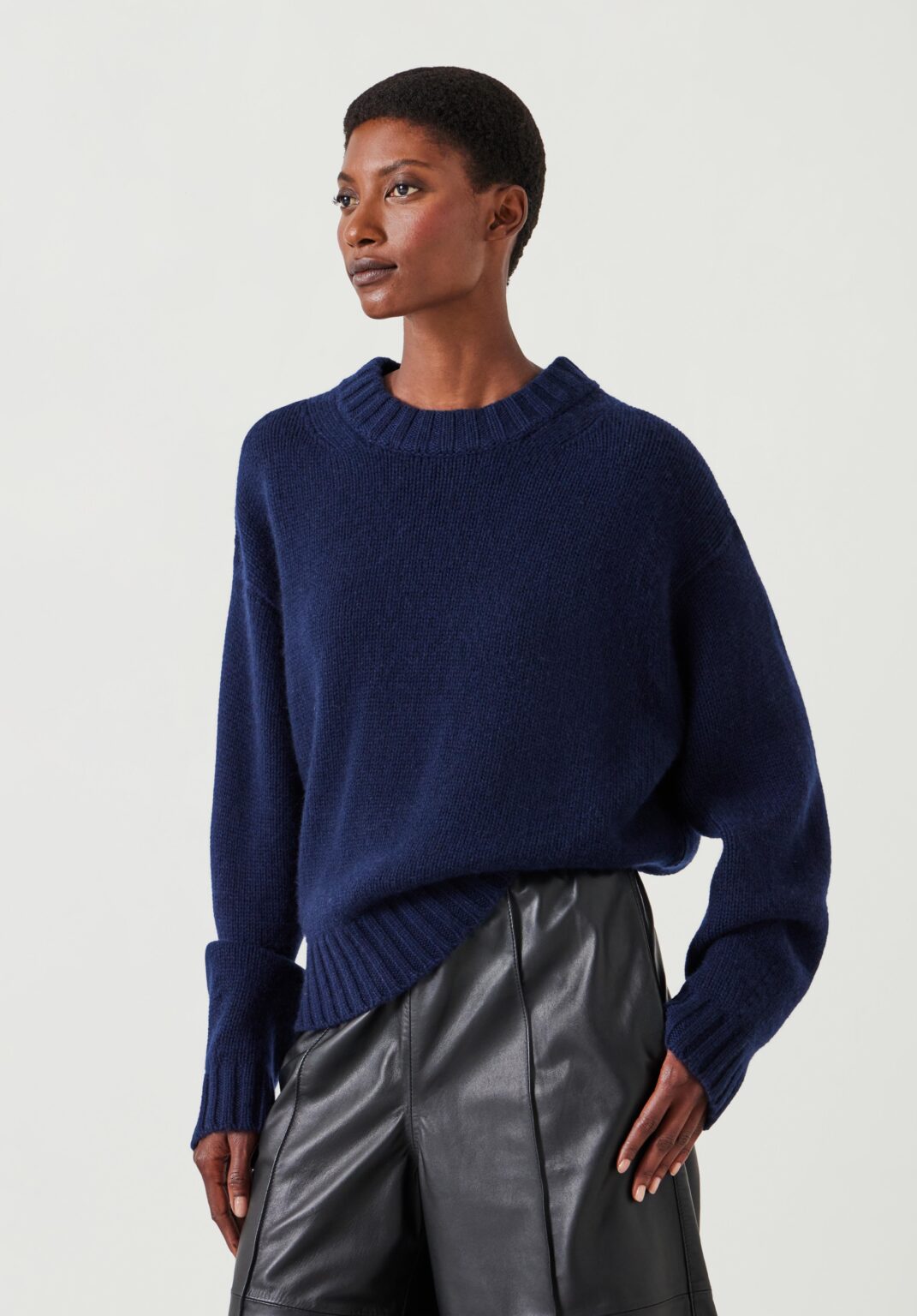 Hush Navy Cashmere Crew Neck Jumper Oversized Drop Shoulder Casual Smart Casual Borderfree