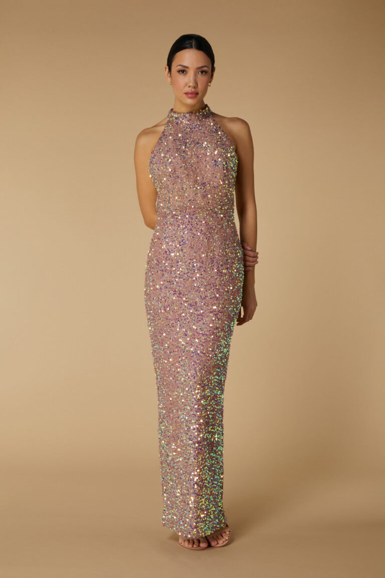 Yolanda High Neck Sequin Maxi Dress with Back Strap Detail