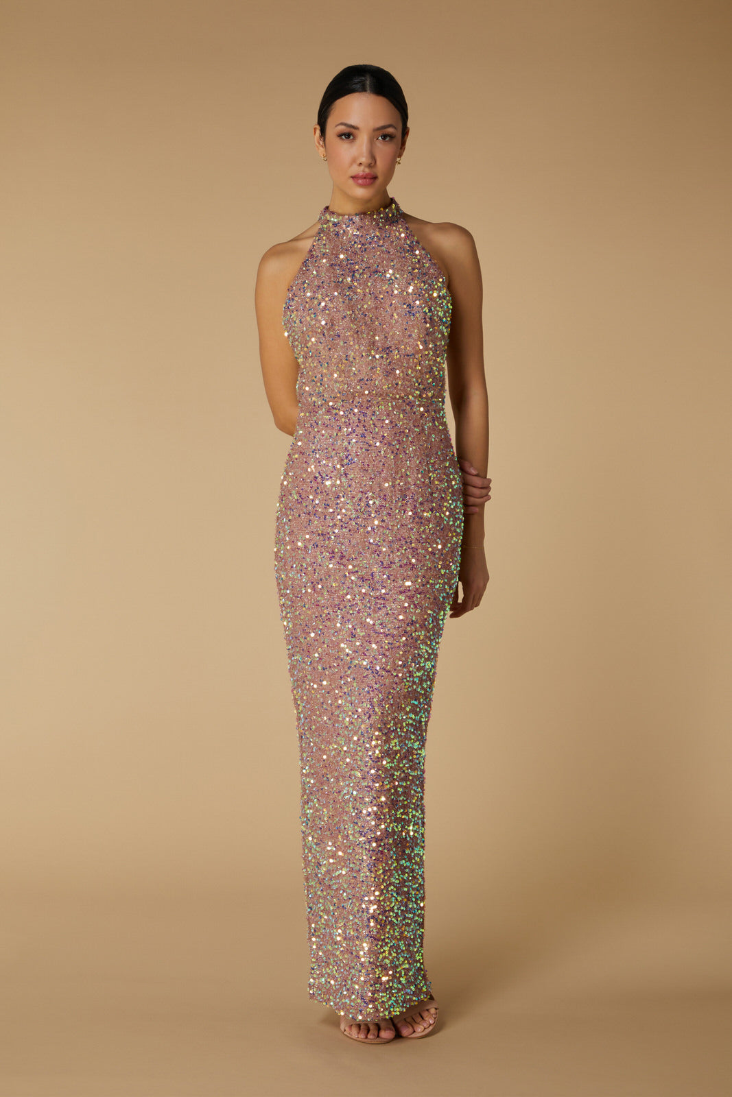 Yolanda High Neck Sequin Maxi Dress with Back Strap Detail