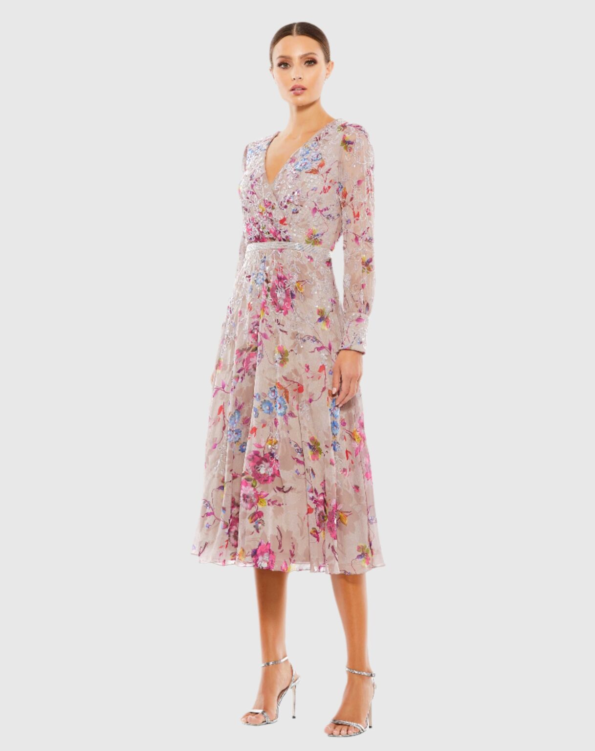 Hand Embellished Floral Long Sleeve Midi Dress - Borderfree