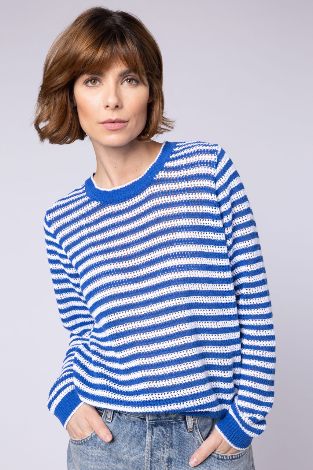Paige Pointelle Stripe Jumper (Blue/White) - Borderfree