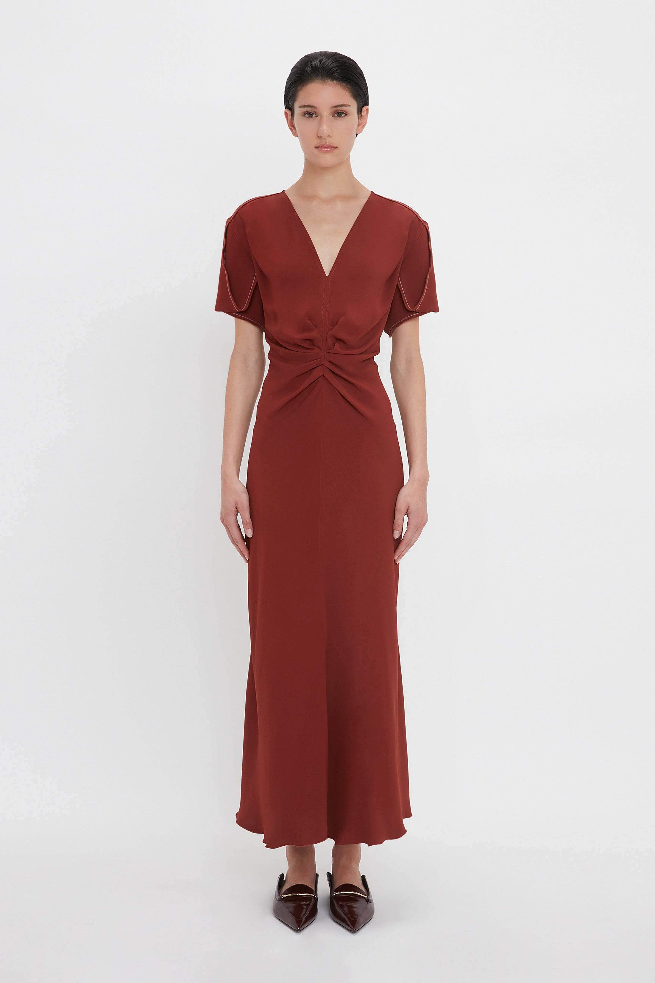 Gathered V-Neck Midi Dress In Russet
