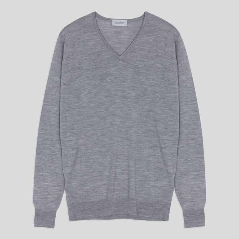 John Smedley – Men's – Bobby – Extra Fine Merino Wool Low V-Neck Jumper Silver – XL