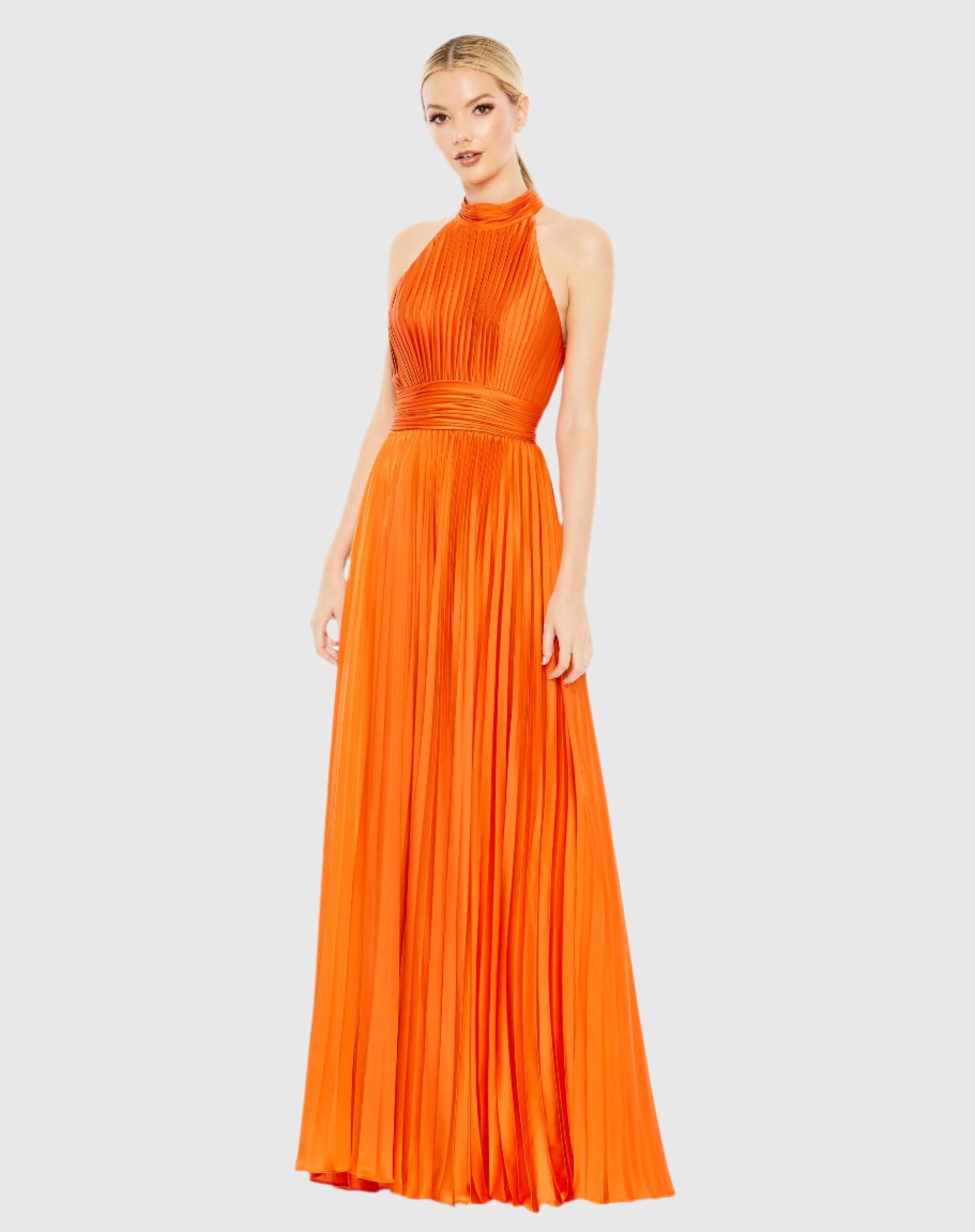 Orange Pleated High Neck Satin Sleeveless Halter Gown - Borderfree