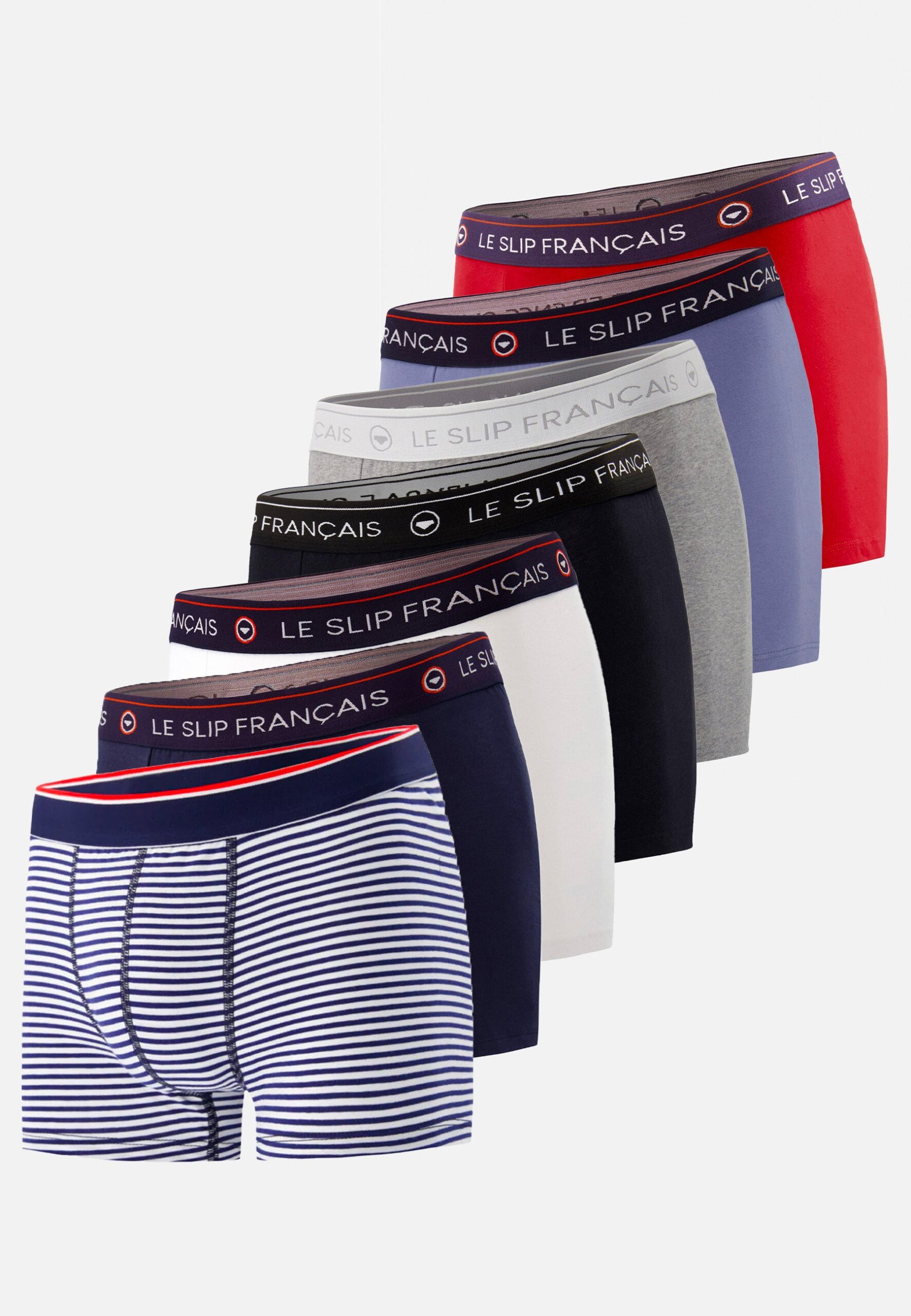Lot de 7 boxers en coton - Semainier Boxer Marius Marinière Redoutable Marine Blanc Noir Gris Bleu Jean Rouge