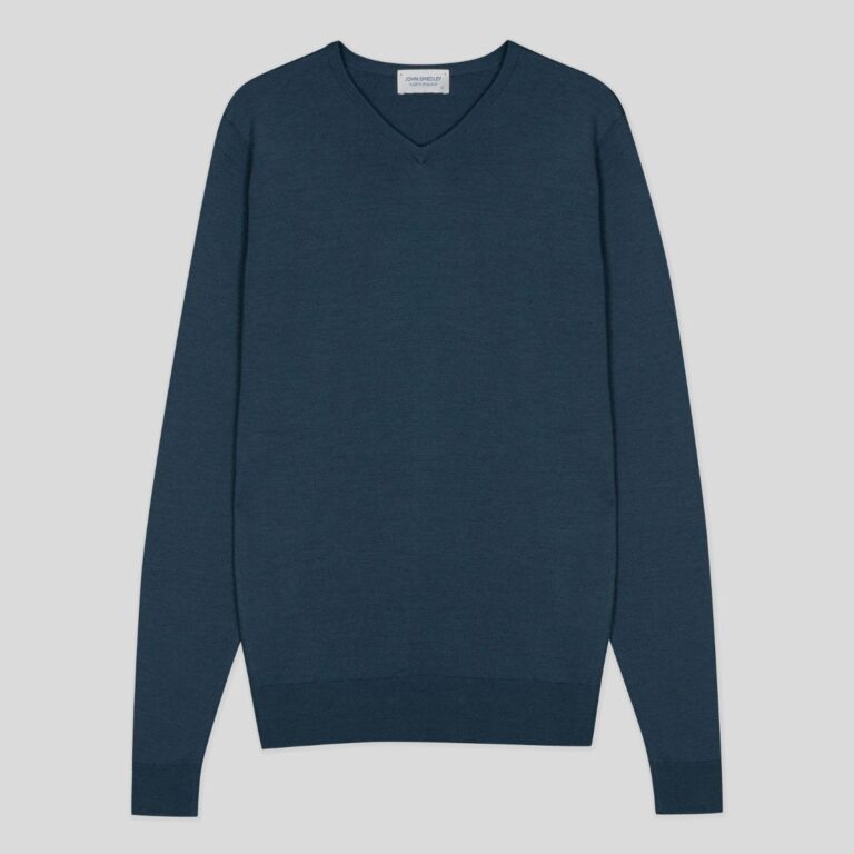 John Smedley – Men's – Shipton – Extra Fine Merino Wool High V-Neck Jumper Smoke Blue – XXL