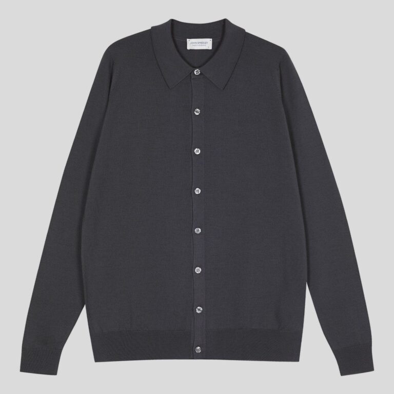 John Smedley – Men's – Tibor Shirt Slate Grey, XXL – Extra Fine Merino Wool Stand Collar Polo Shirt Slate Grey – XXL
