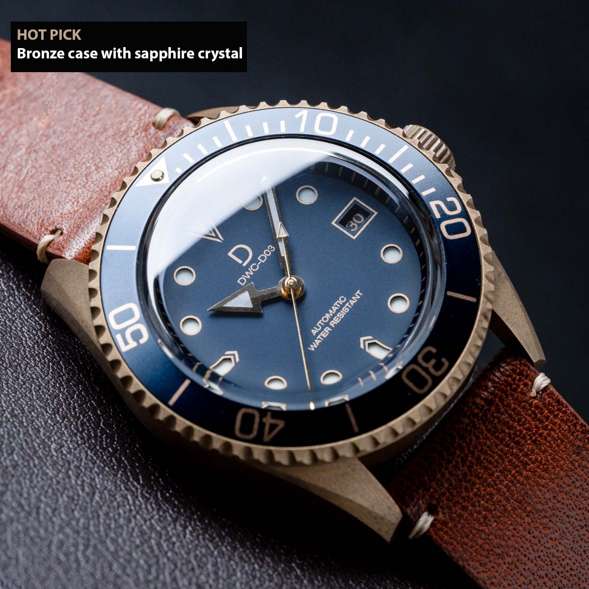 42mm Blue Bronze Dive Watch kit with Vintage Brown Strap D03