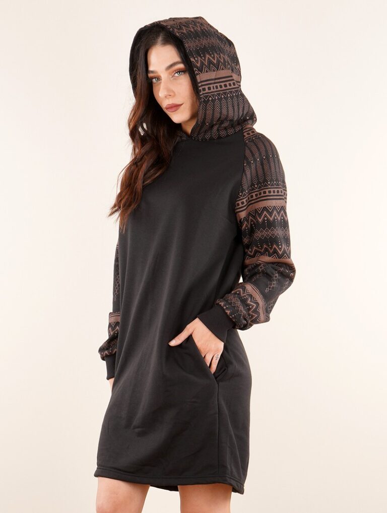 "Khione Rinji Aztec" Gender neutral hooded long sweater, Black Size XS/S/M