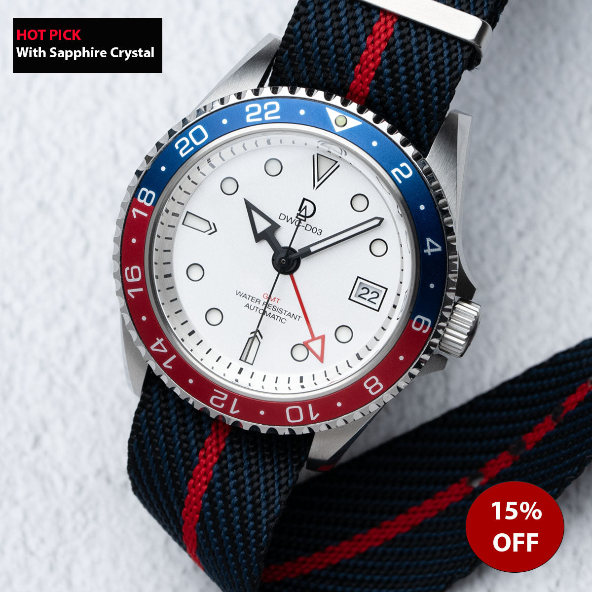 42mm White Dial "Pepsi" GMT Dive Watch | Seiko GMT movement | Aluminum-Steel Hybrid Red & Blue GMT Bezel | DWC-D03