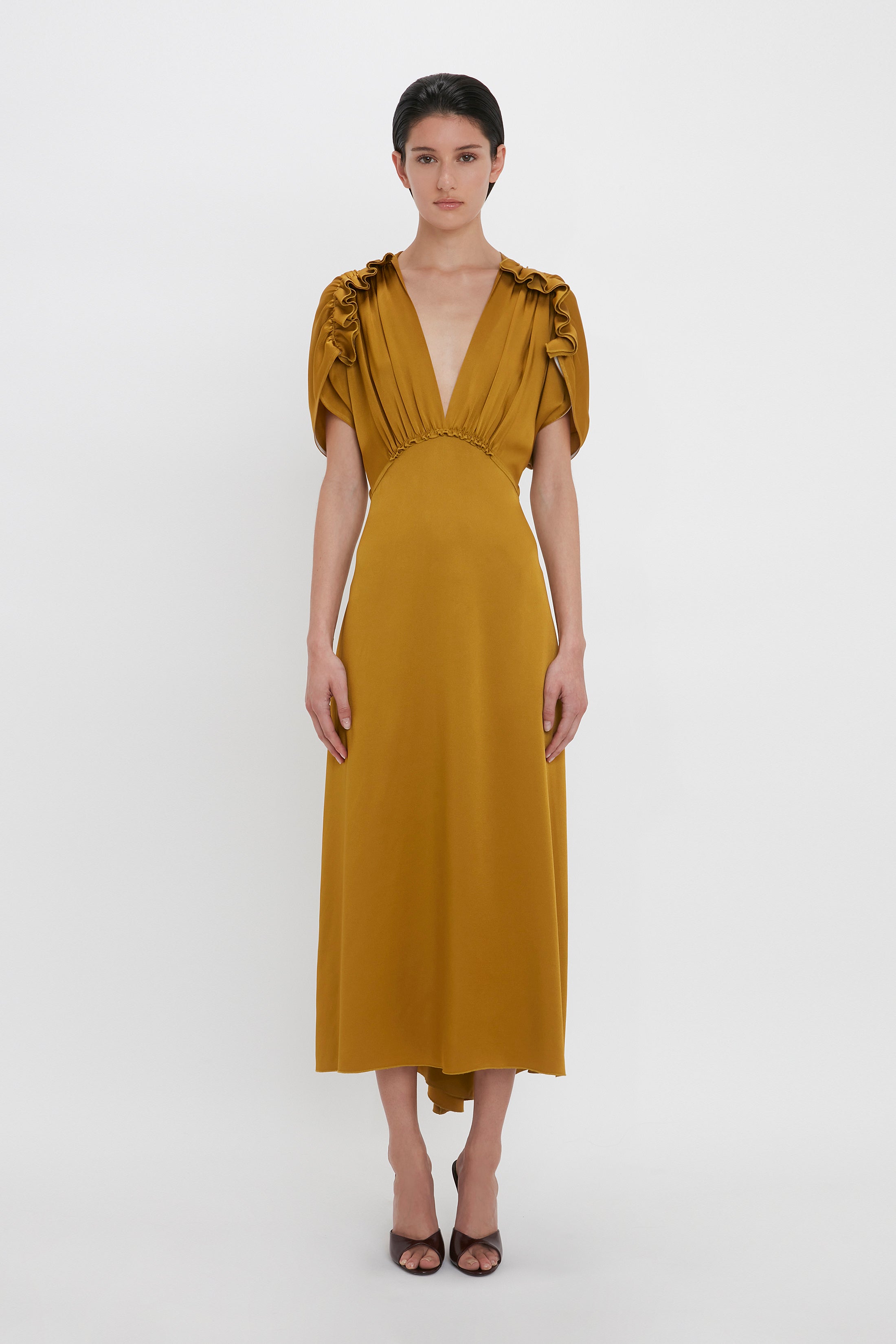 V-Neck Ruffle Midi Dress In Harvest Gold