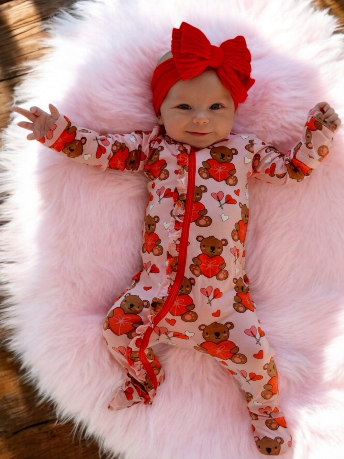 2-Way Ruffle Zip Footie, Valentine Bear Pink