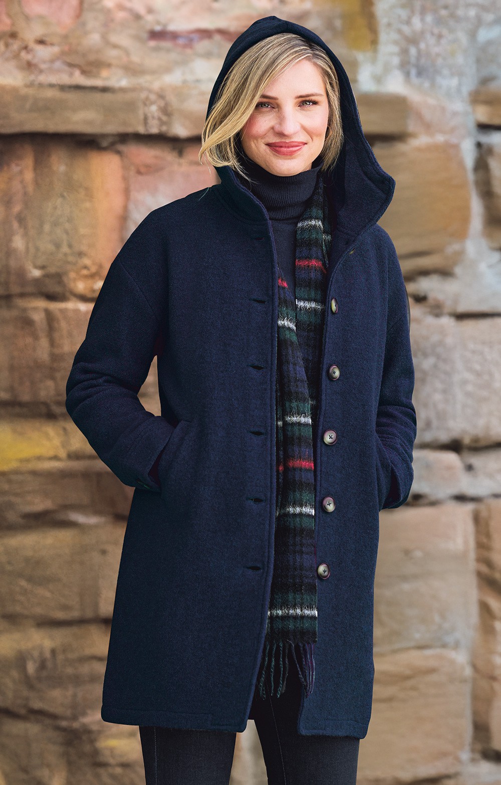 House of Bruar Ladies Boiled Wool Hooded Coat - Navy Blue