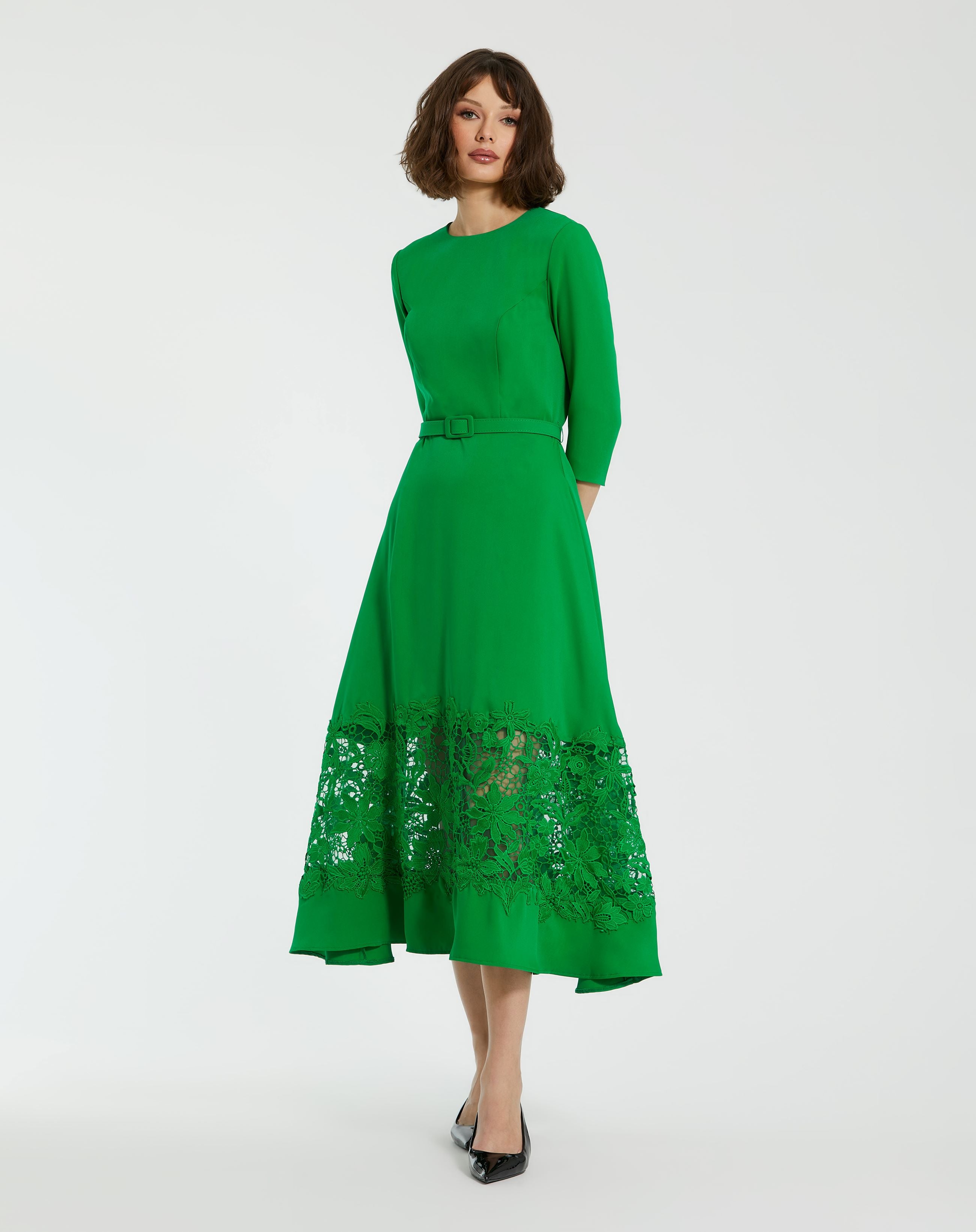 Green Crepe Boat Neck Midi Dress With Applique Cut Out - Borderfree