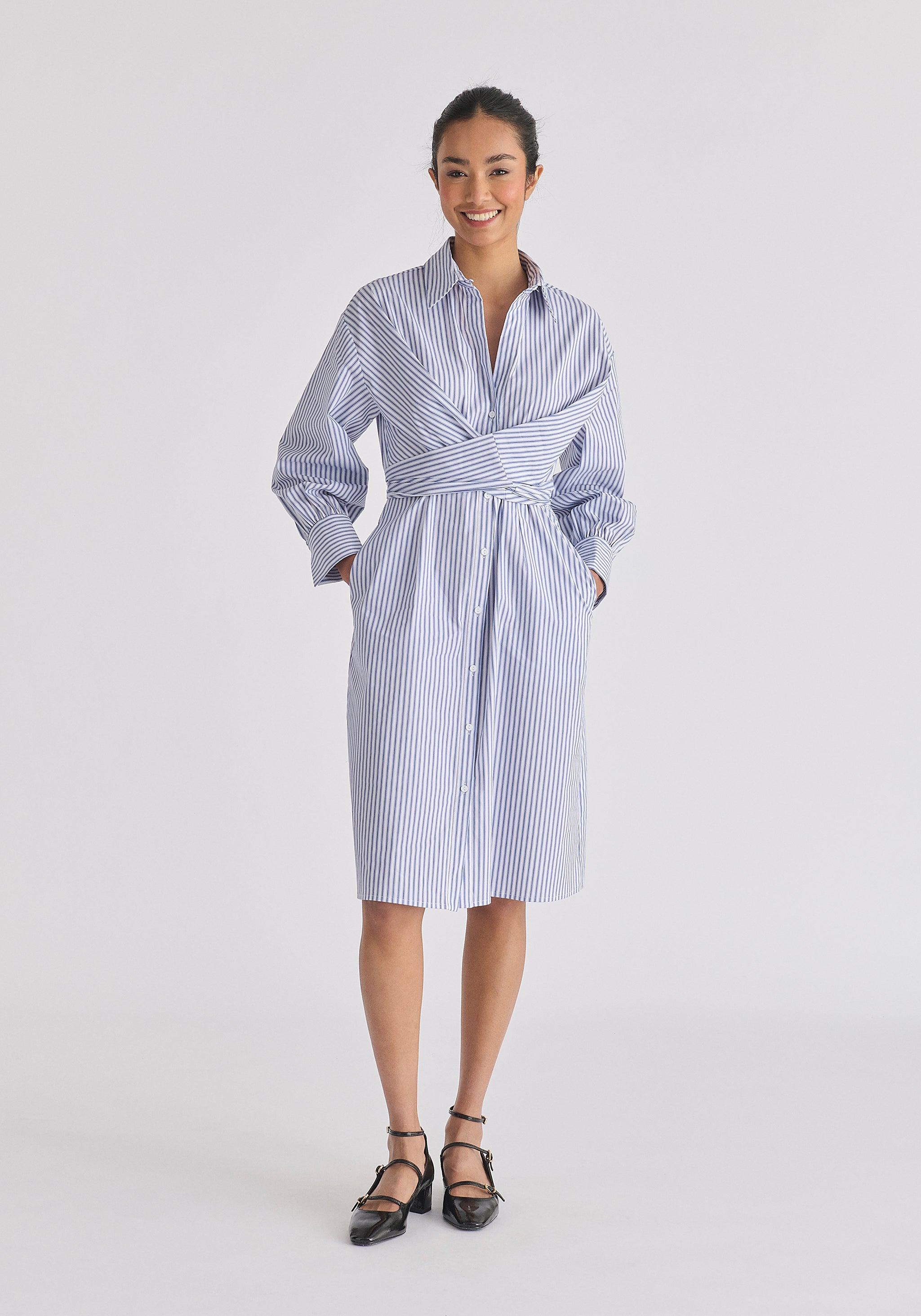 Striped Shirt Dress with Waist Tie