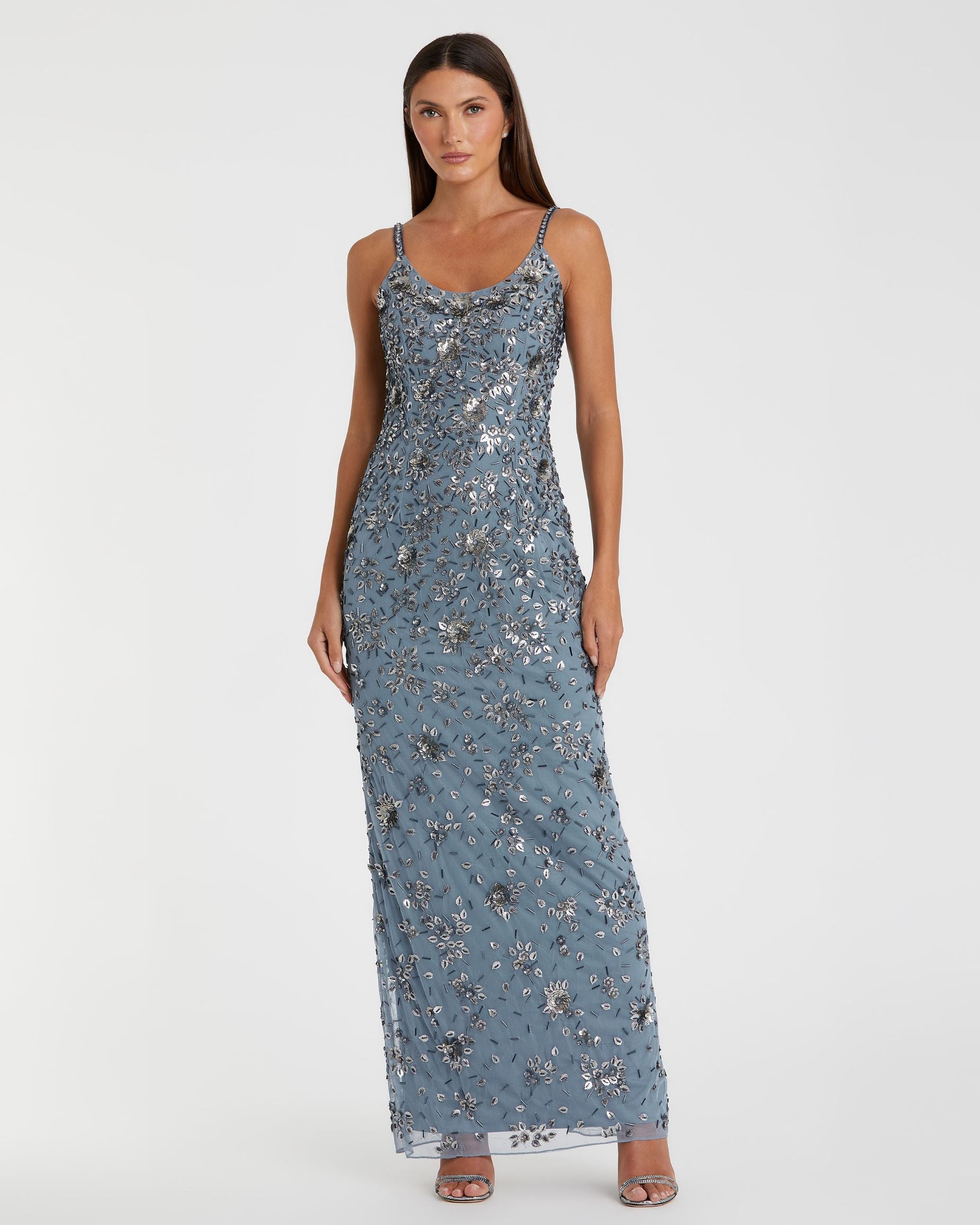 Evening Gown in Red/Sky Blue with a Front Slit main image 0