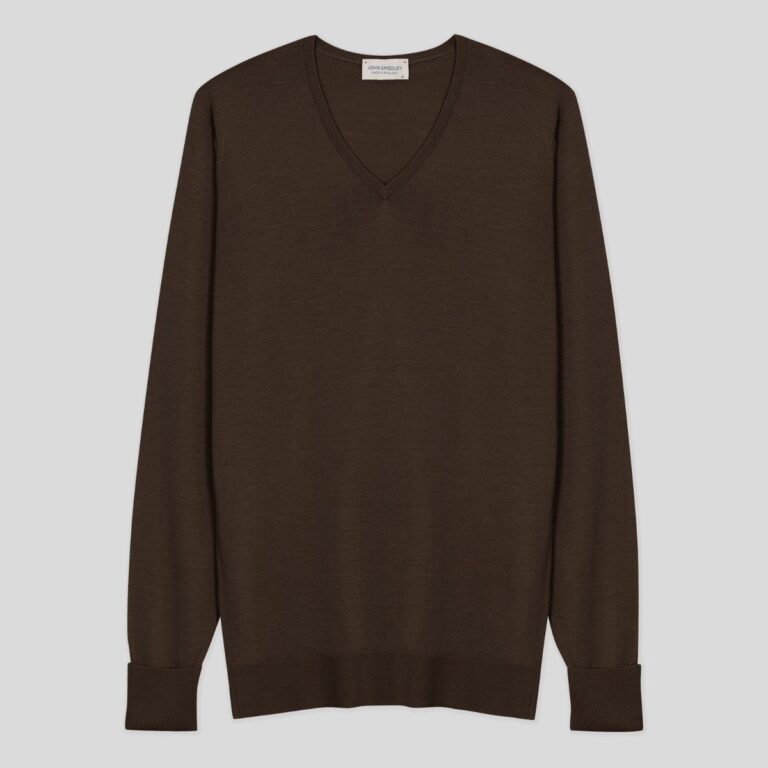 John Smedley – Men's – Bobby – Extra Fine Merino Wool Low V-Neck Jumper Truffle – XXL
