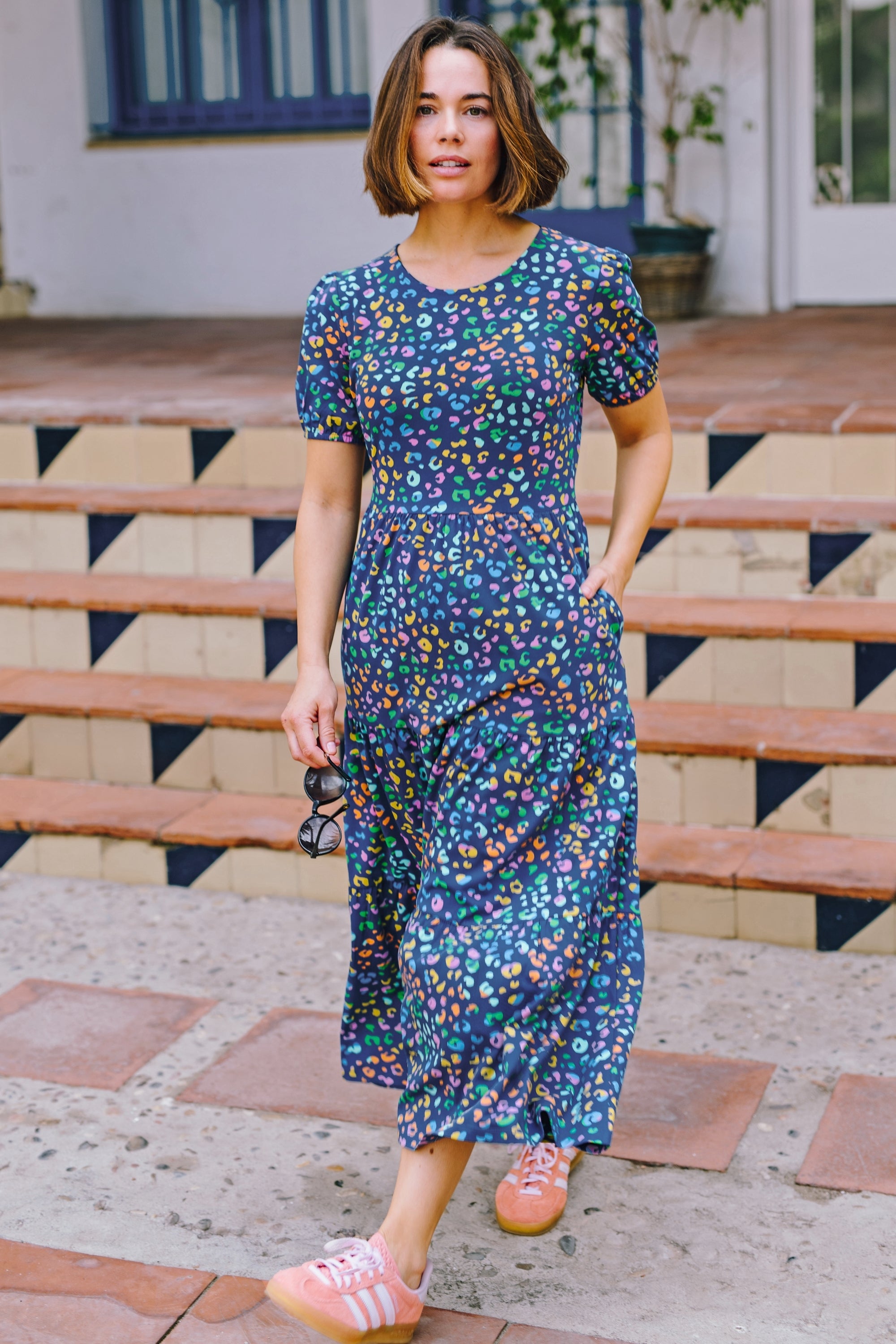 Minerva Midi Jersey Tiered Dress - Bright Navy, Mottled Leopard