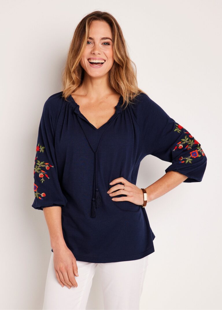 T-shirt long brodé manches 3/4