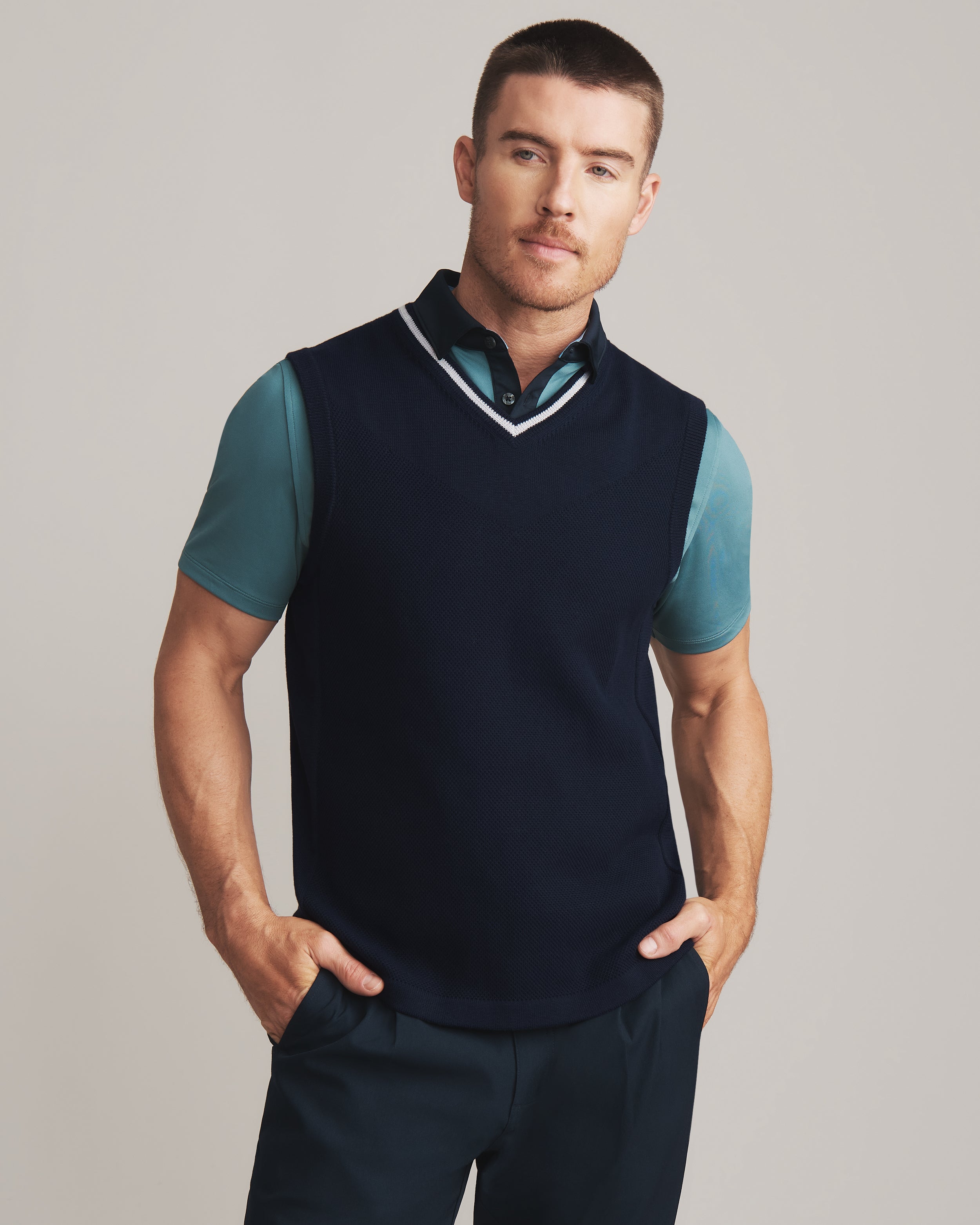 The Turn Golf V-Neck Sweater Vest -- True Navy/Sleet Gray