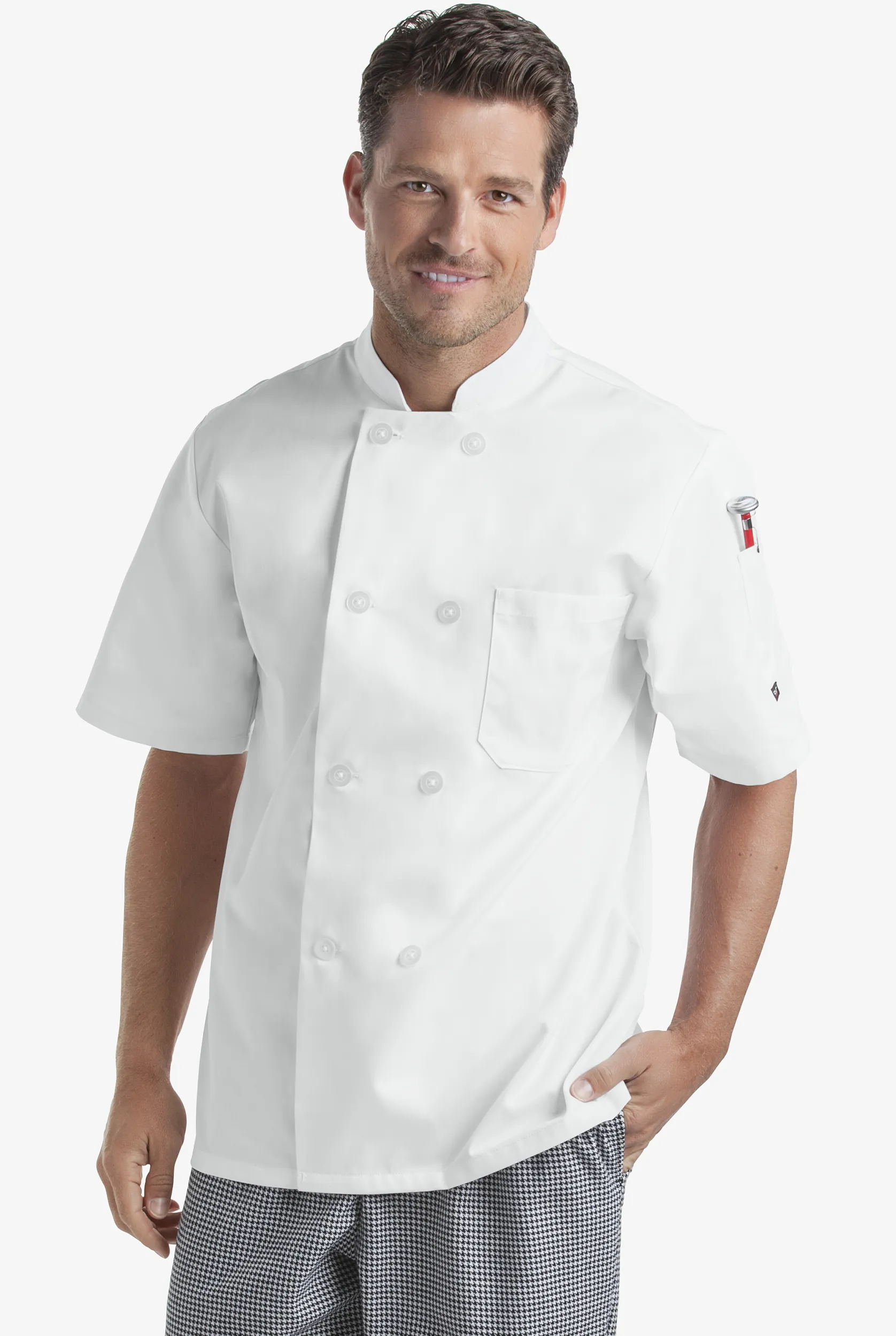 Chef Coat For Men | Chef Uniforms On the Line by ChefUniforms.com Men's 2-Pocket Reversible Double Breasted Short Sleeve Chef Coat in White | Size 2X | Polyester/Cotton