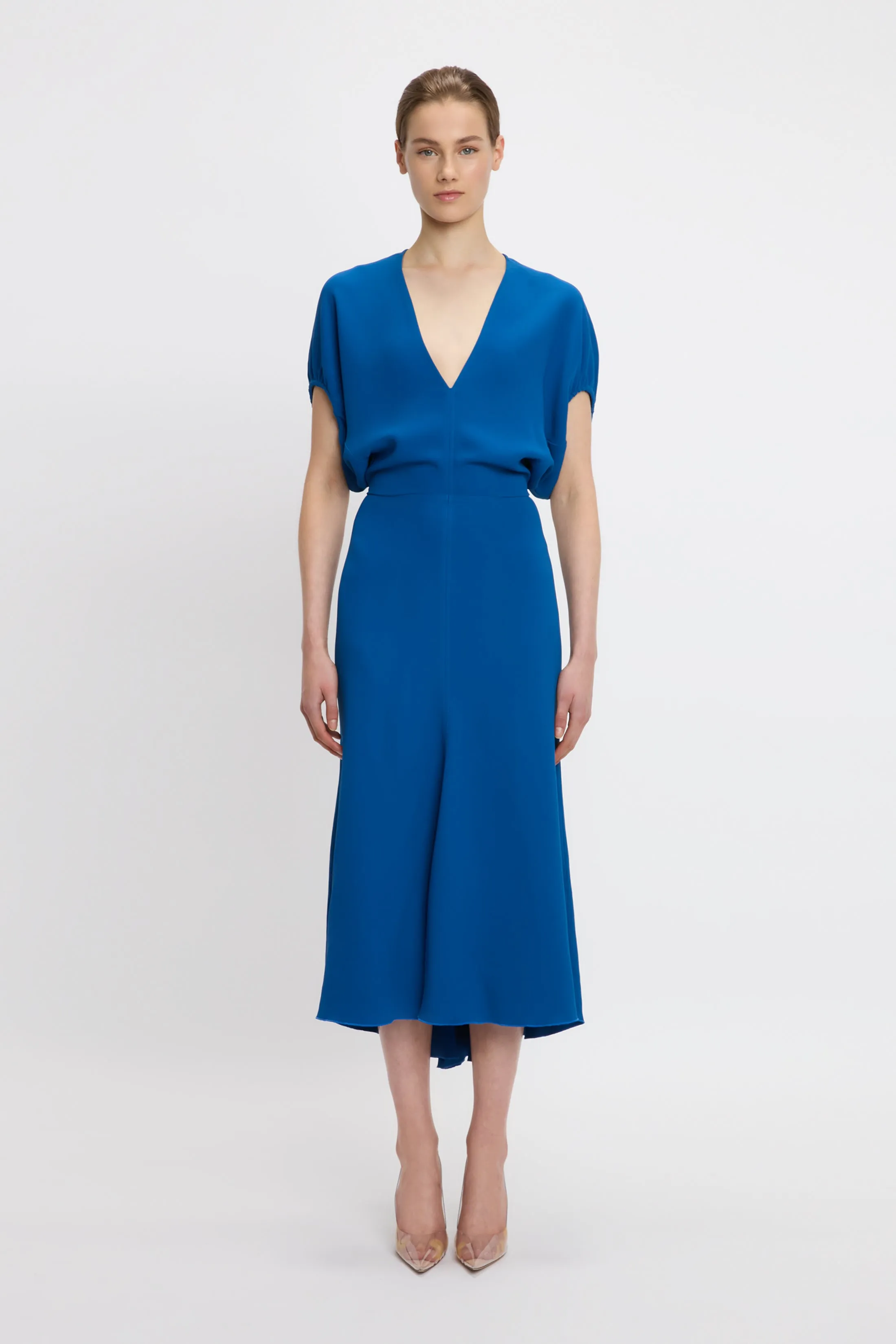 Blouson Detail Midi Dress In Sapphire Blue