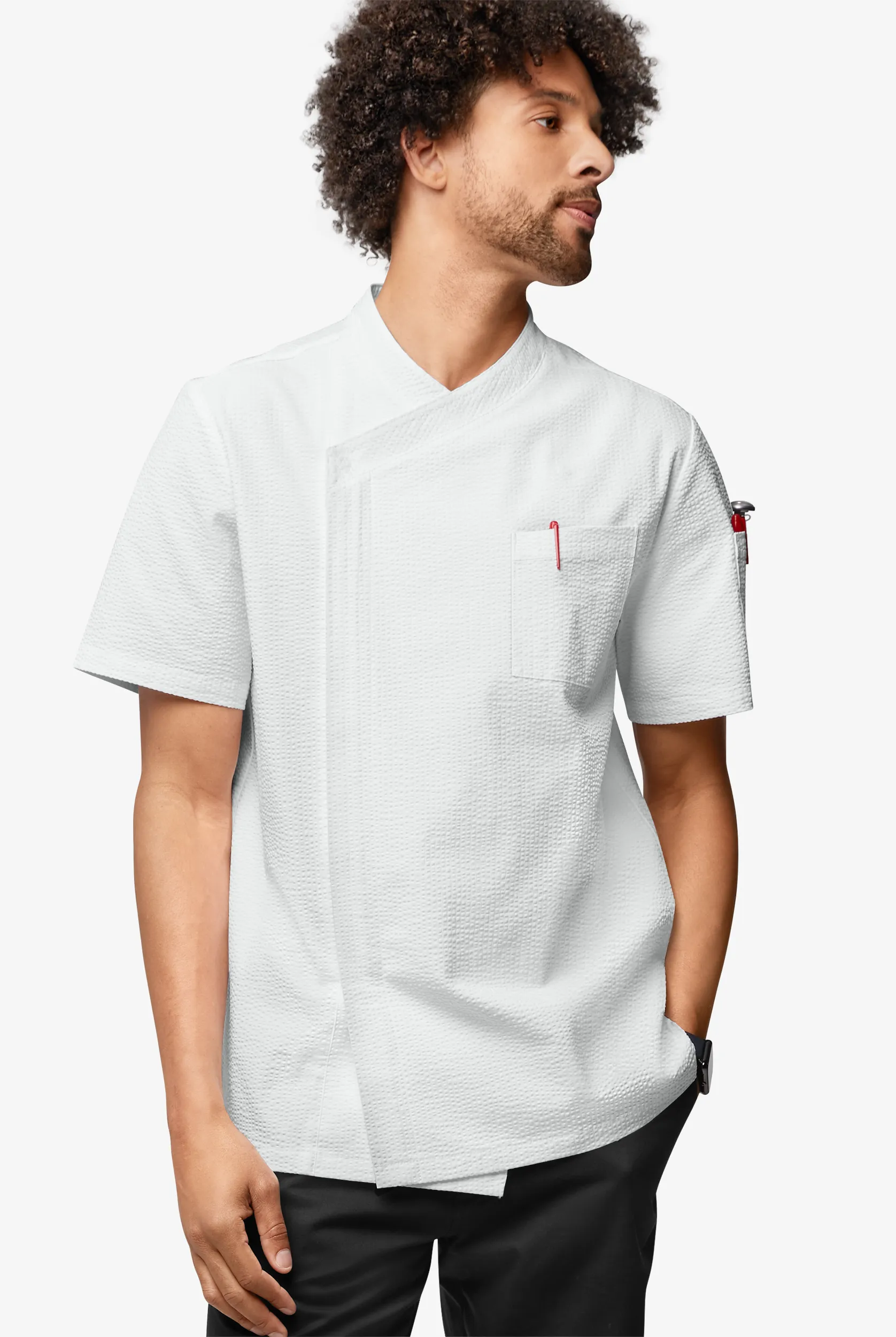 Chef Uniforms Men's Short Sleeve Stretch Seersucker Asymmetrical Coat in White | Size XL | Polyester/Cotton/Spandex