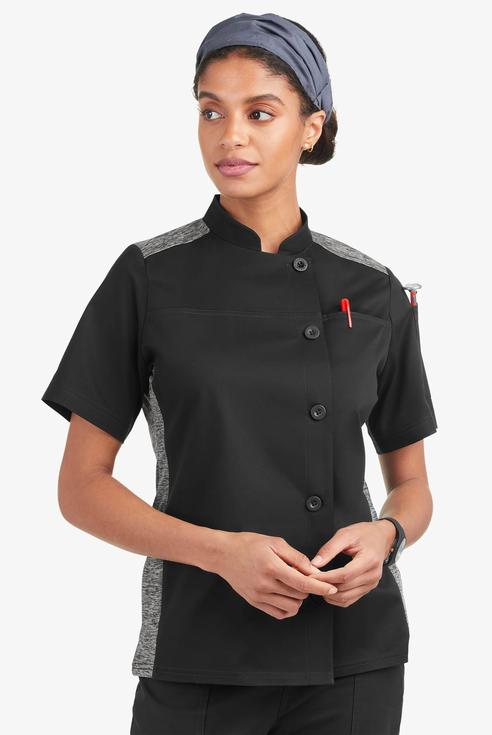 Chef Uniforms CHEF 360 Women's 2-Pocket Short Sleeve w/ Knit Panels Stretch Executive Chef Coat in Black/Charcoal Melange | Size Medium |