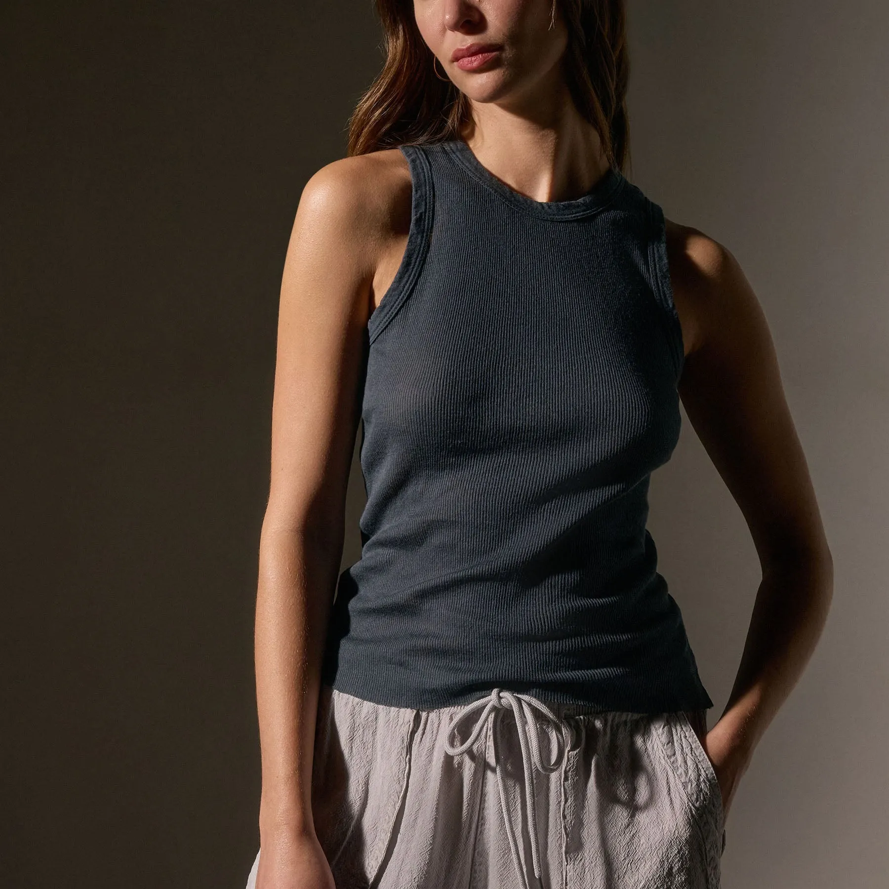 Layered Rib Shell Cotton Cashmere Rib Shell Top - Asphalt - Borderfree