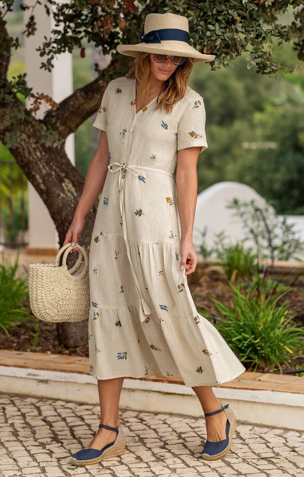House of Bruar Ladies Cotton Linen Floral Embroidered Dress
