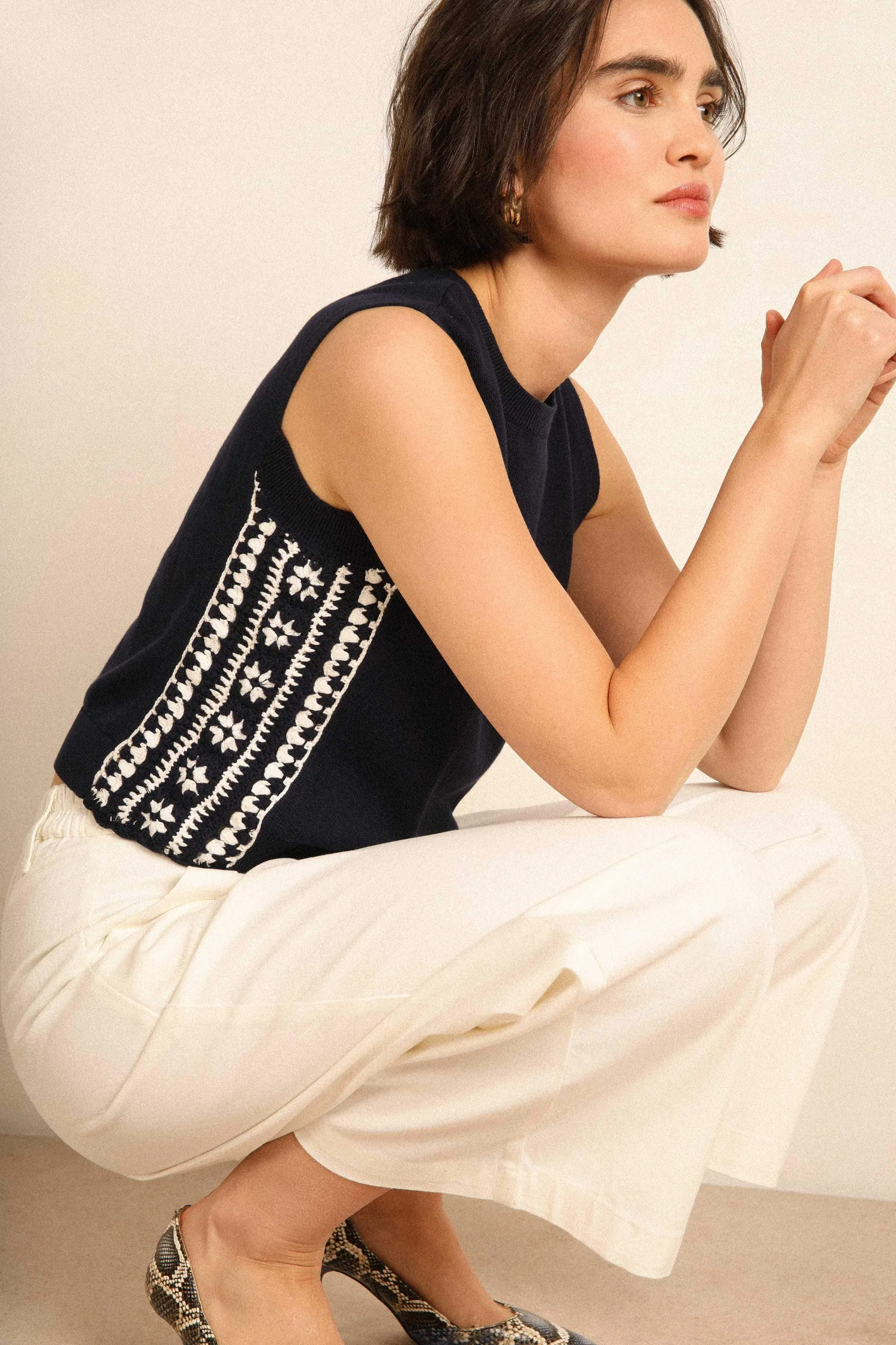 Top cotton and crochet NAVY