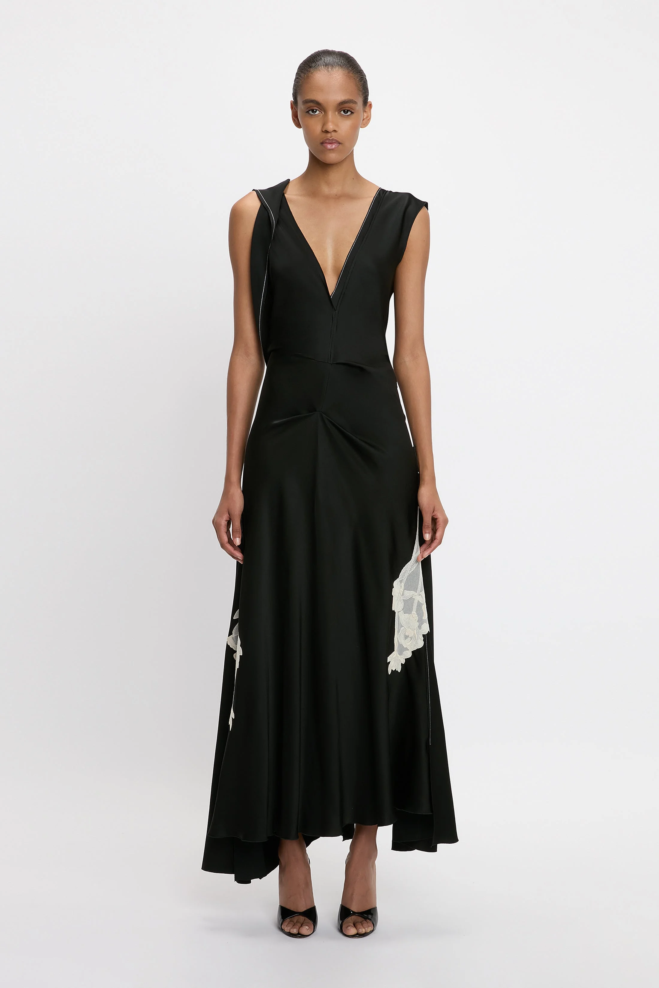 Draped Lace Detail Midi Dress In Black