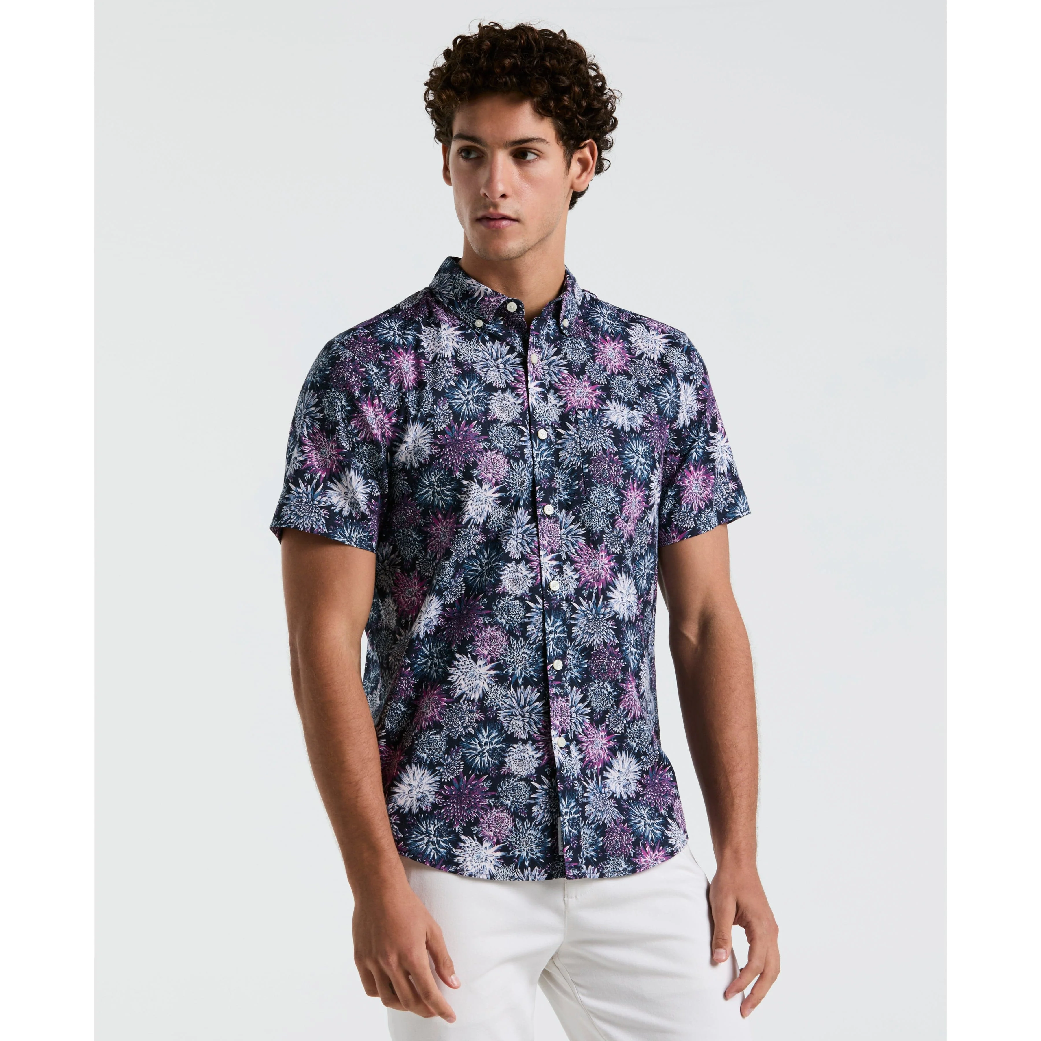 Linen Stretch All-Over Flowers Print Shirt