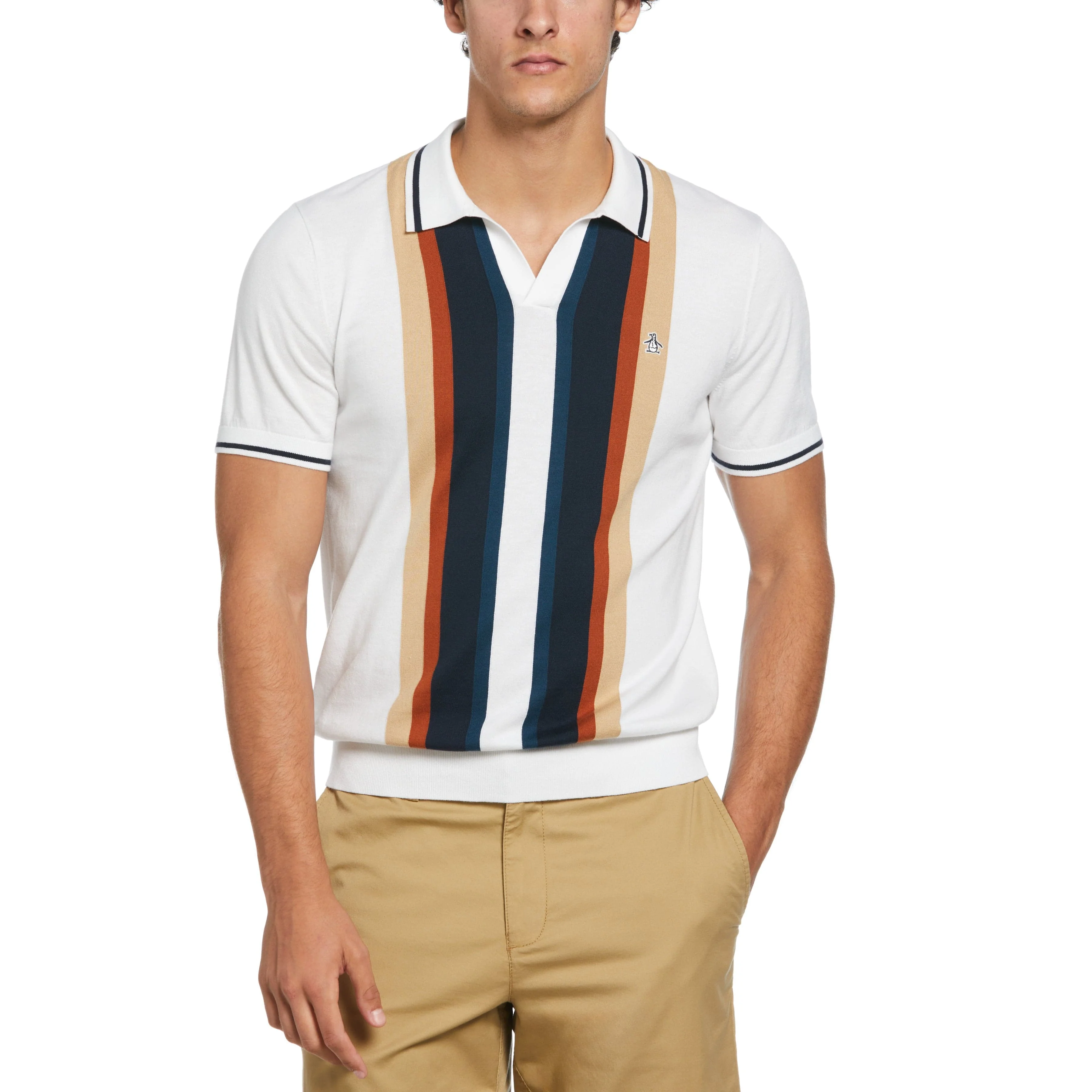 Vertical Stripe Johnny Collar Sweater Polo