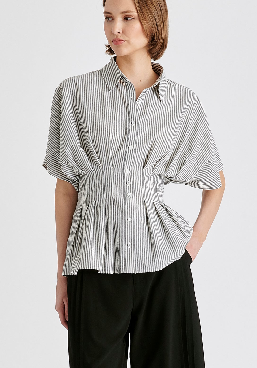 Striped Shirt with Waist Pleats