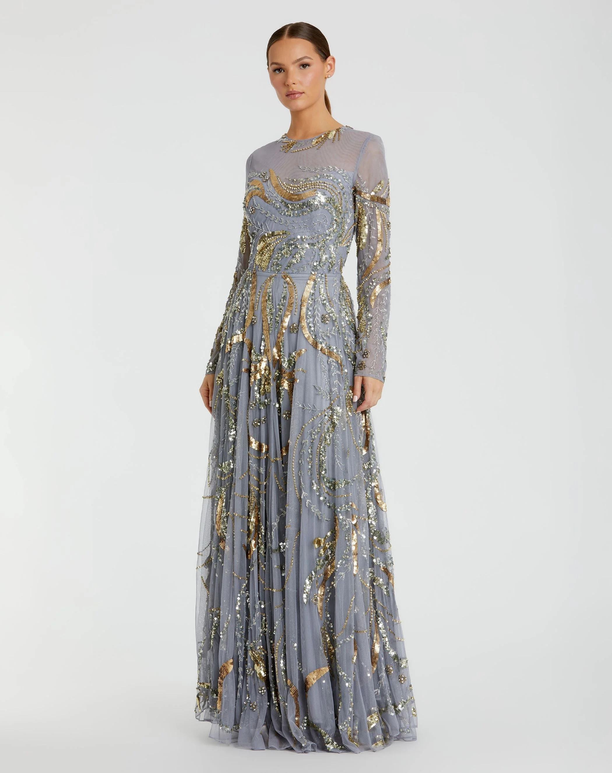 Blue and Gold Long Sleeve Embellished Illusion Evening Gown