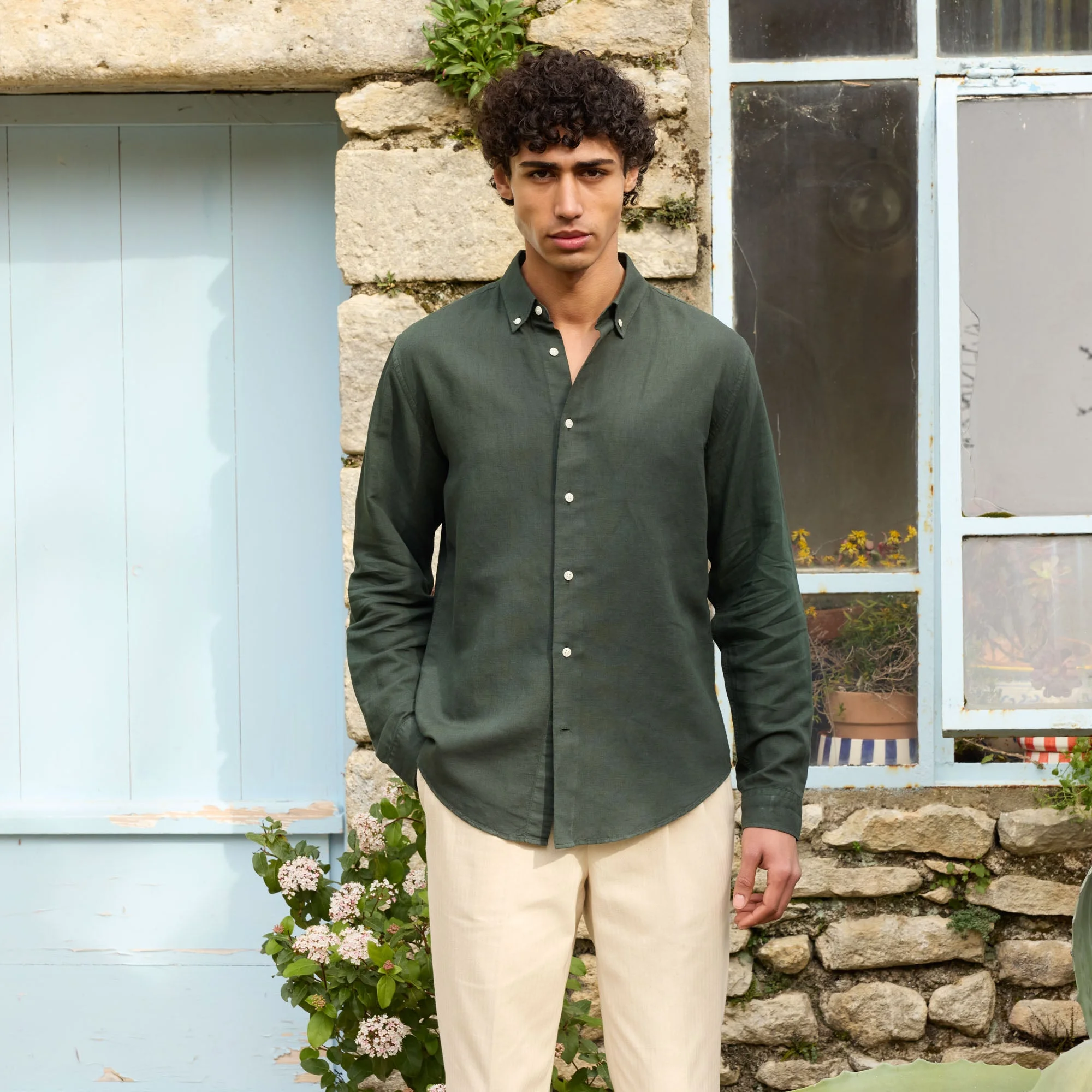 Chemise en lin et coton vert