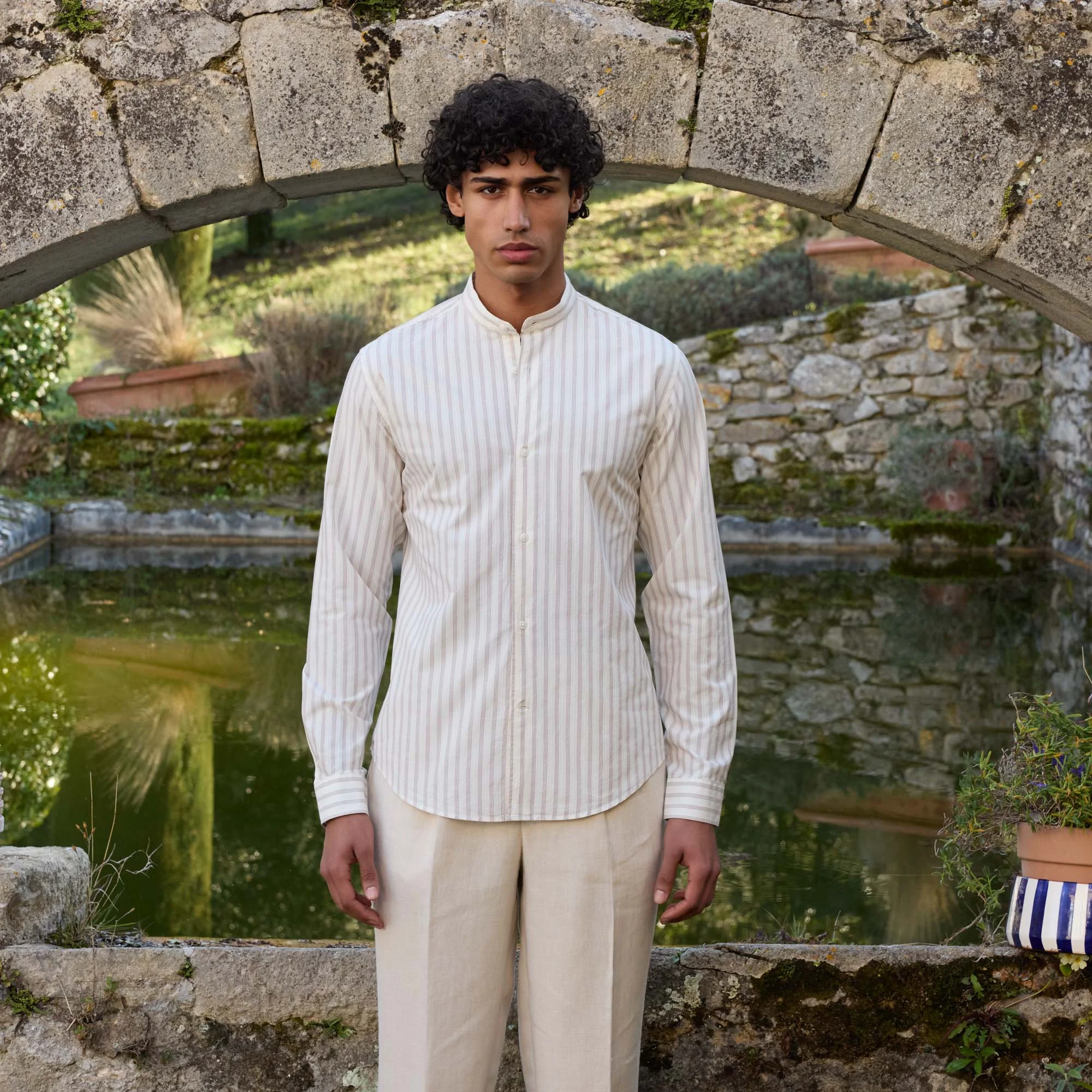 Chemise en coton Giza écrue à rayures