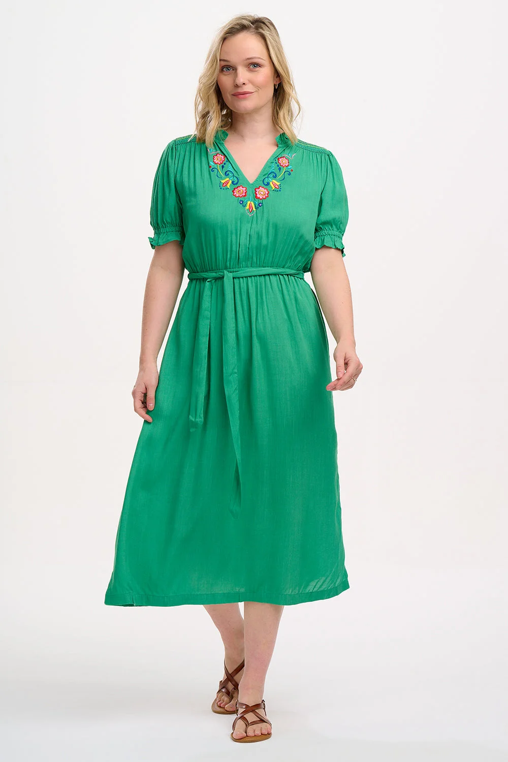 Carlota Midi Dress - Green, Folk Floral Embroidery