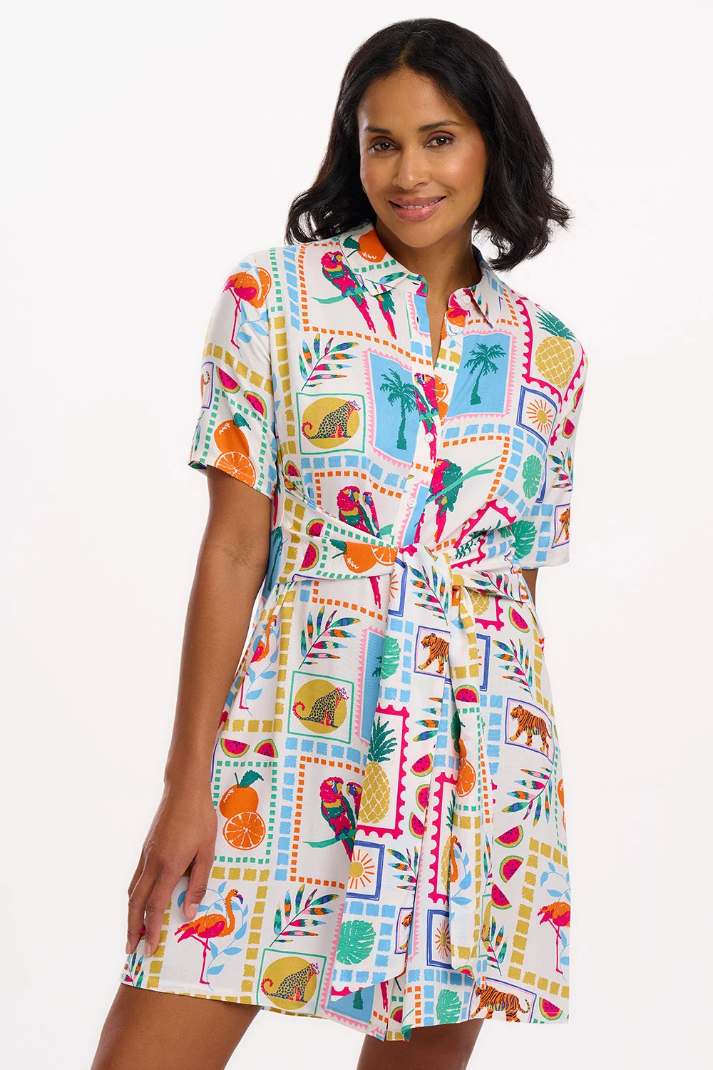 Dessie Mini Shirt Dress - Off-White, Jungle Tile